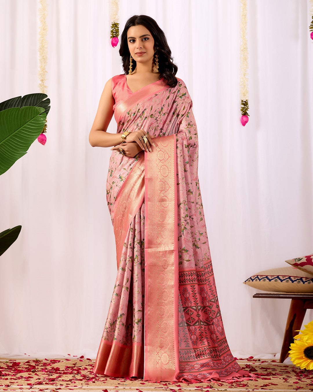 Pink Soft Lichi Silk Saree With Digital Printed Festive Premium Saree
