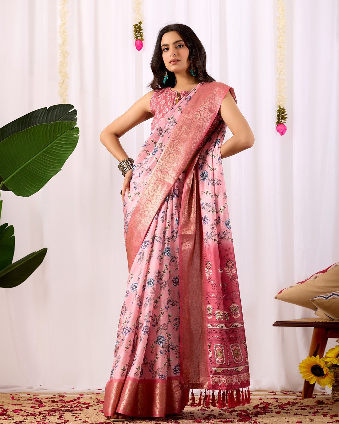 Pink Soft Lichi Silk Saree With Digital Printed Premium Classic Saree