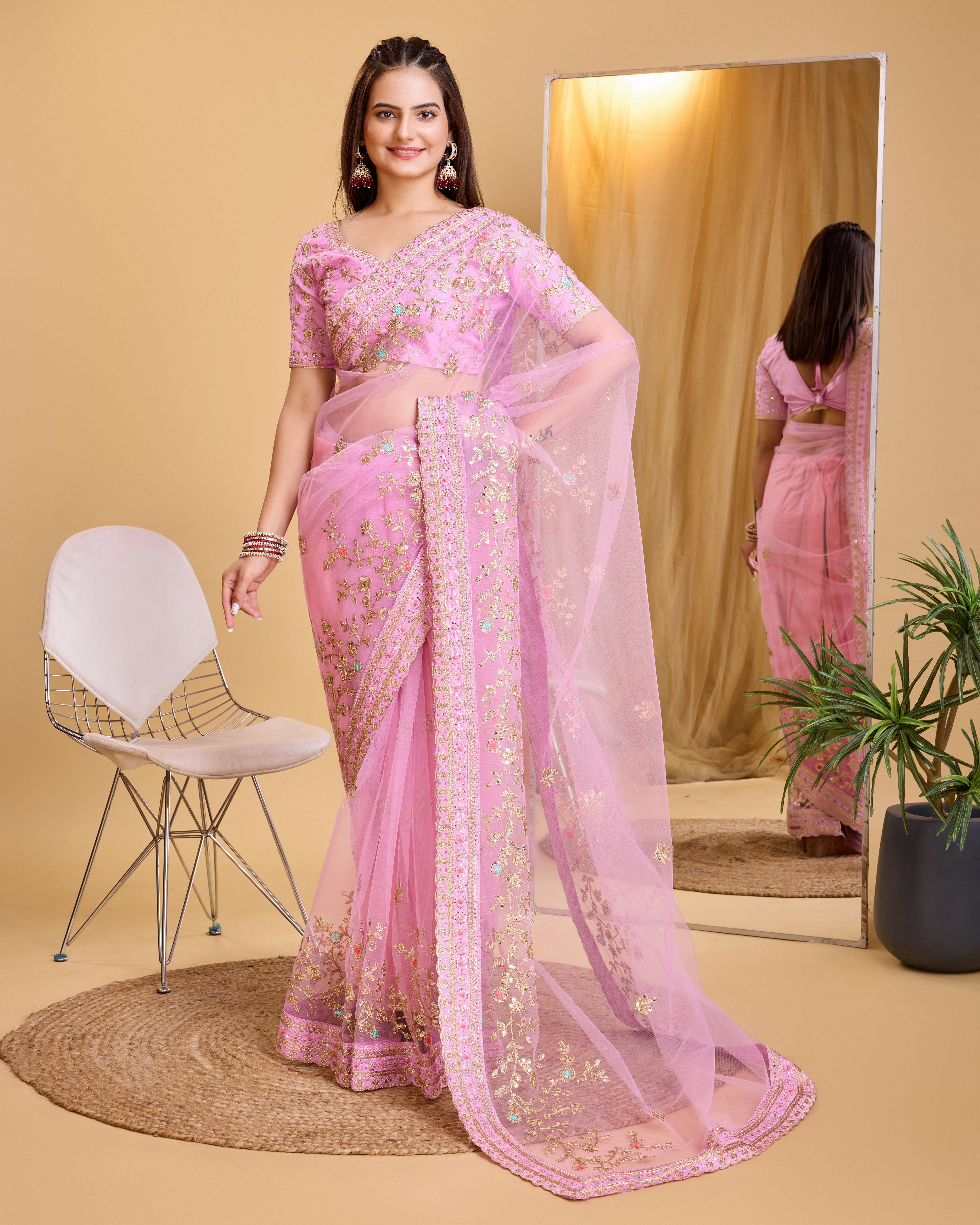 Pink Soft Net Designer Embroidery Work Bollywood Style Saree