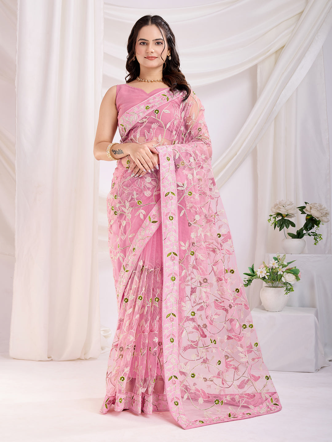 Pink Soft Net Designer Thread Embroidery Work Girlie Partywear Saree