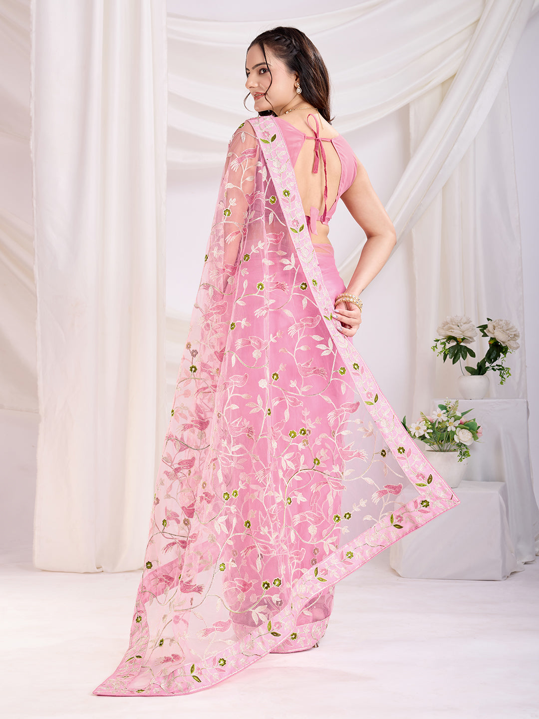 Pink Soft Net Designer Thread Embroidery Work Girlie Partywear Saree