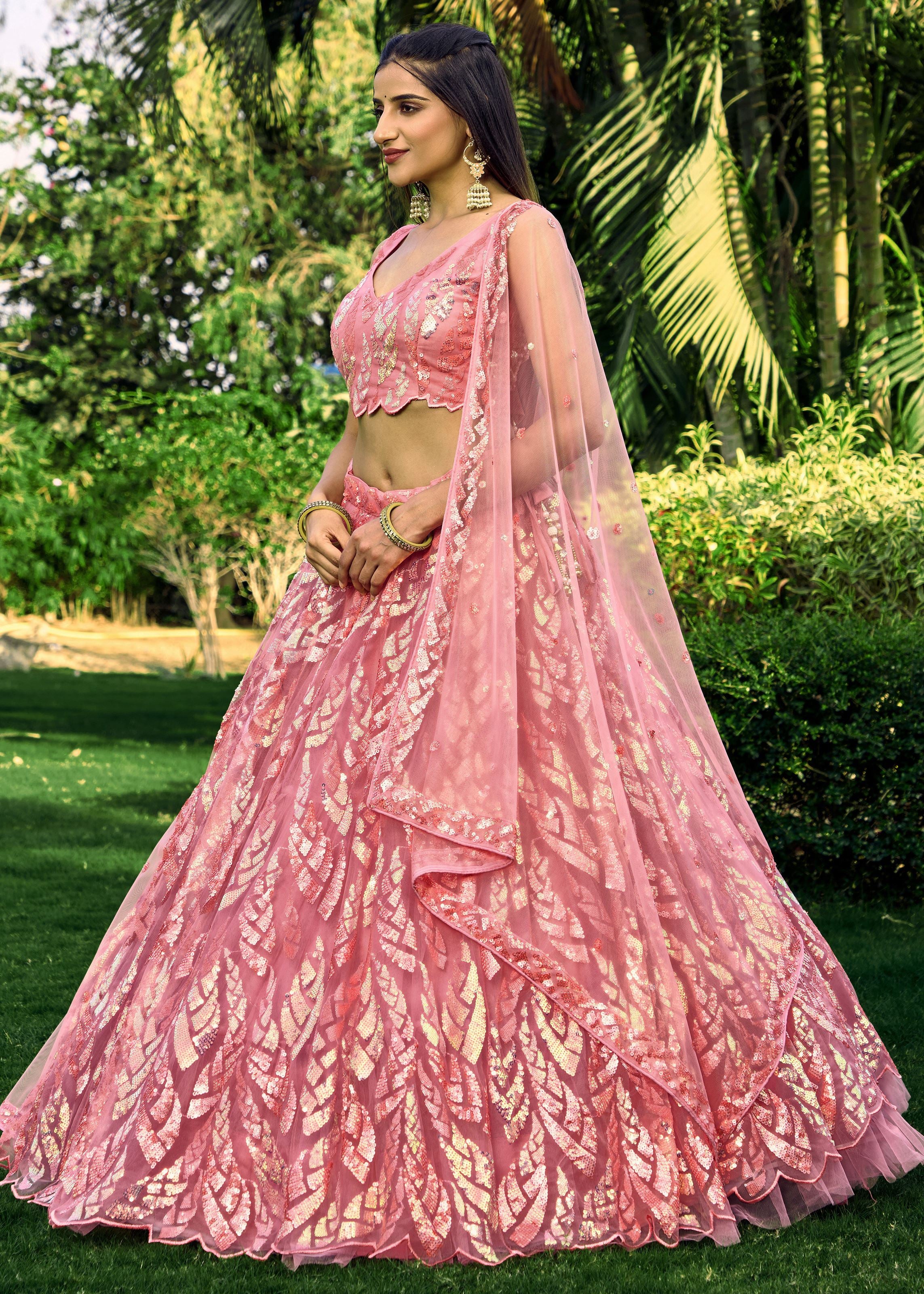 Pink Soft Net Lehenga Choli With Multiple Sequins, Thread Embroidery Work
