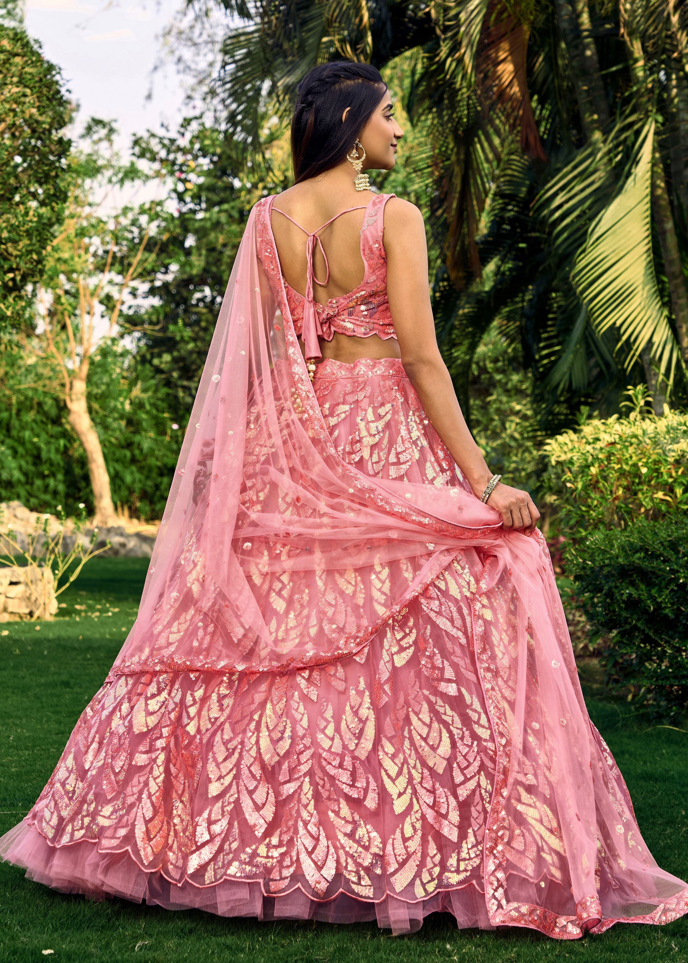 Pink Soft Net Lehenga Choli With Multiple Sequins, Thread Embroidery Work