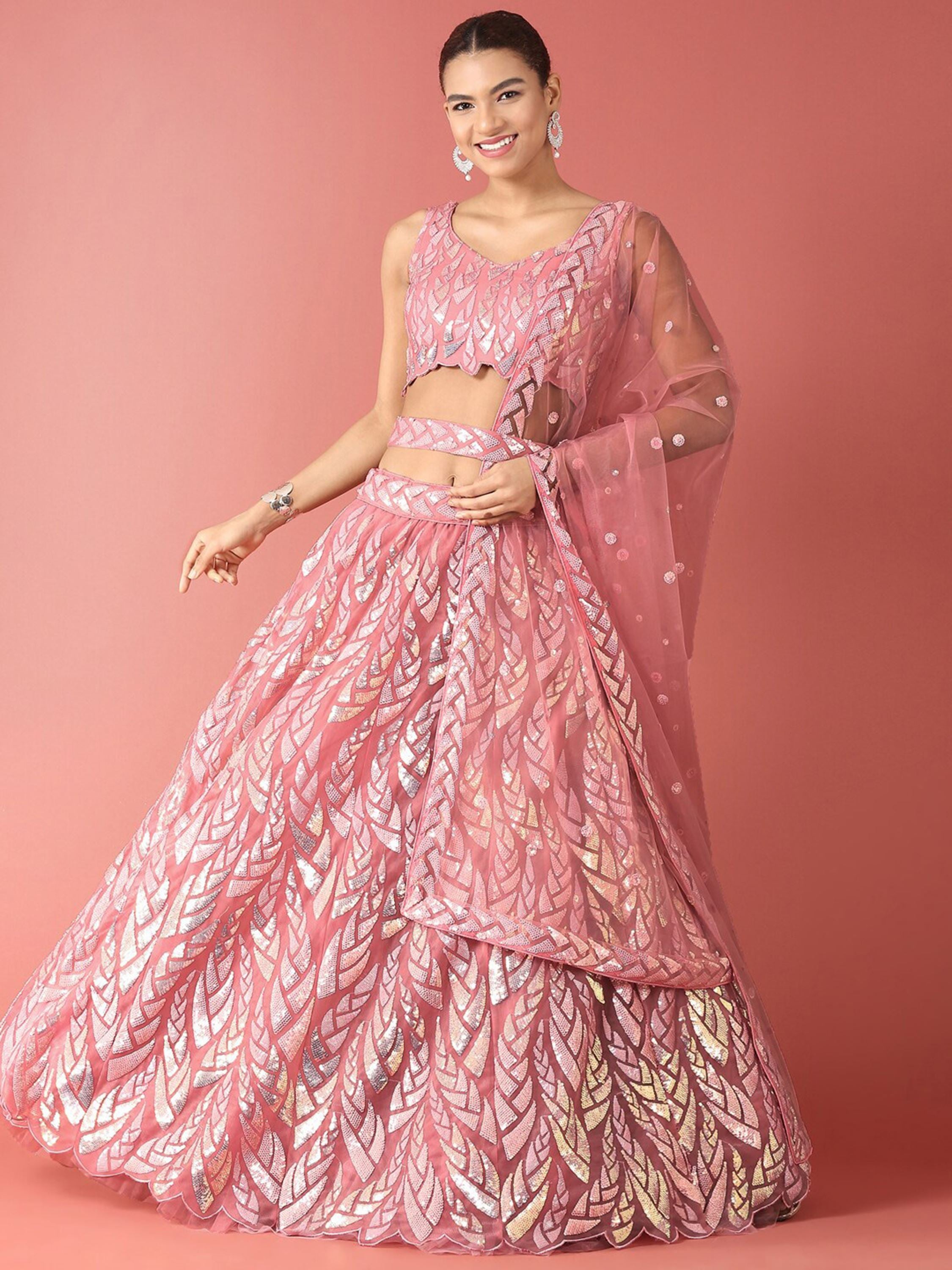 Pink Soft Net Lehenga Choli With Multiple Sequins, Thread Embroidery Work