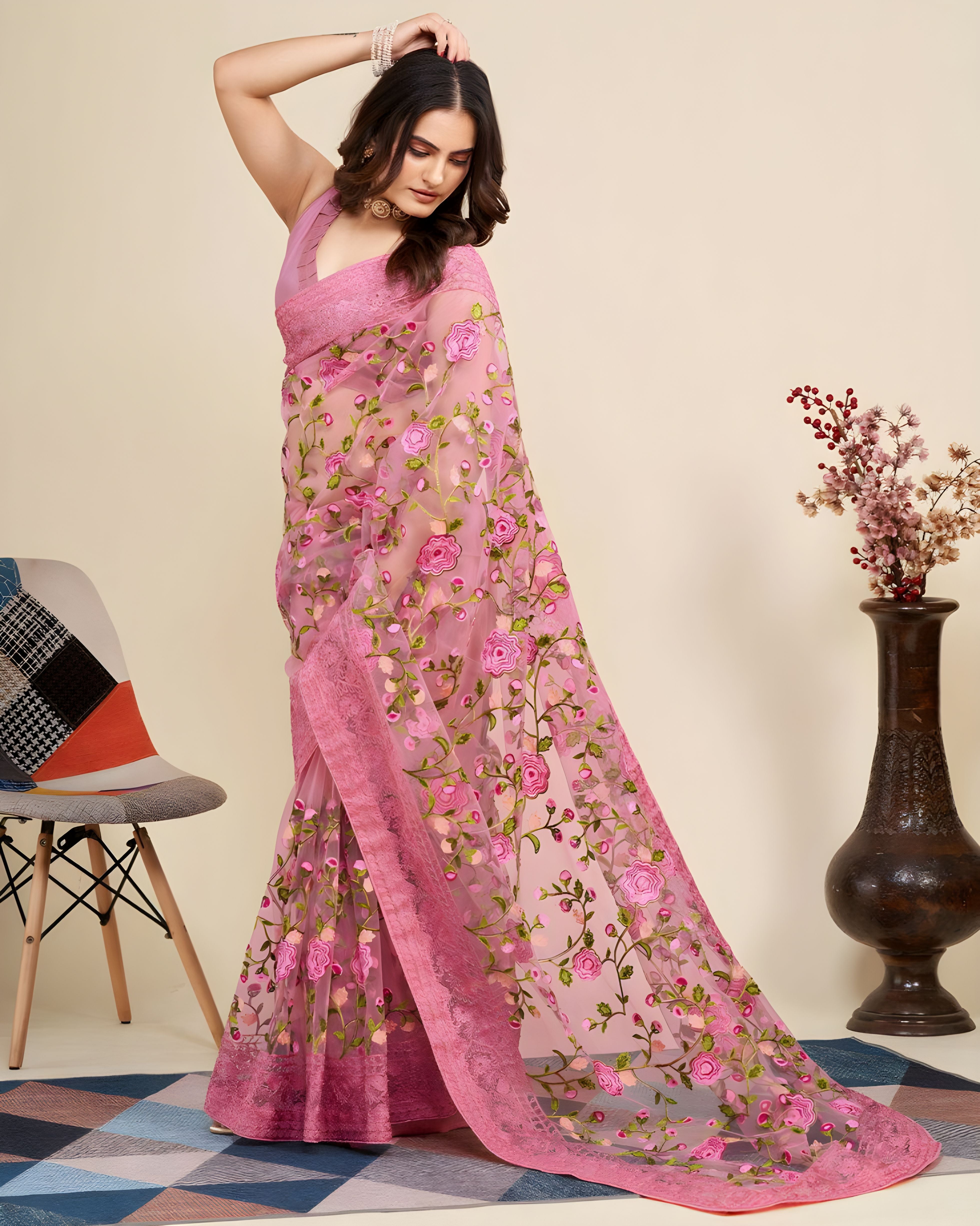 Pink Soft Net Saree with C Pallu Chikankari Embroidery Work