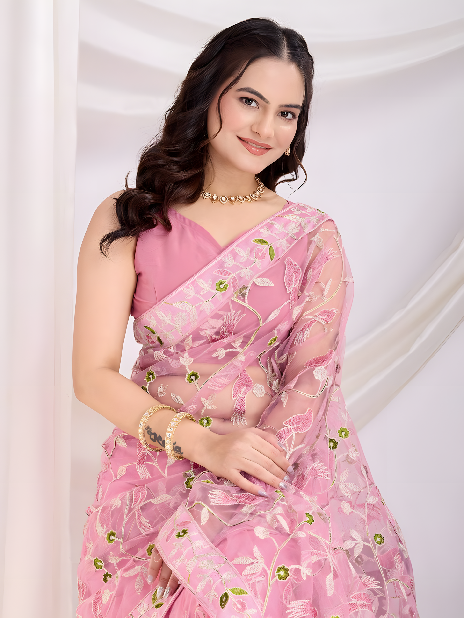 Pink Soft Net Saree with C Pallu Embroidery with sequins Work