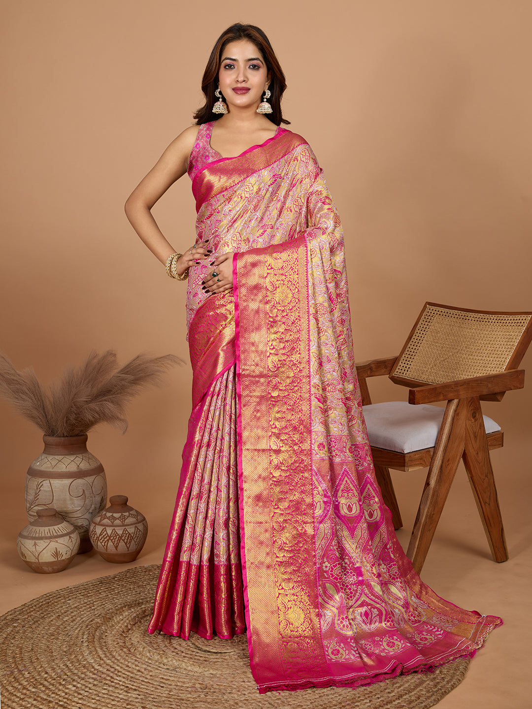 Pink Soft Silk Heavy Woven Jari Designer Adorable Ethnic Saree