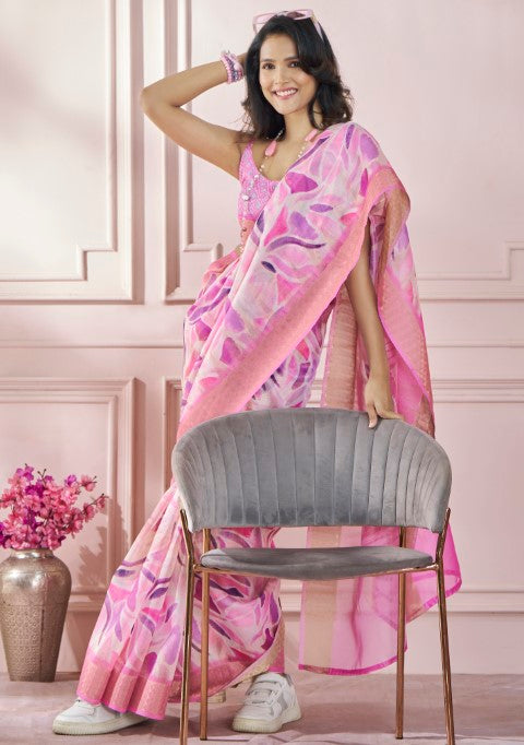 Pink Soft Silk Saree With Printed