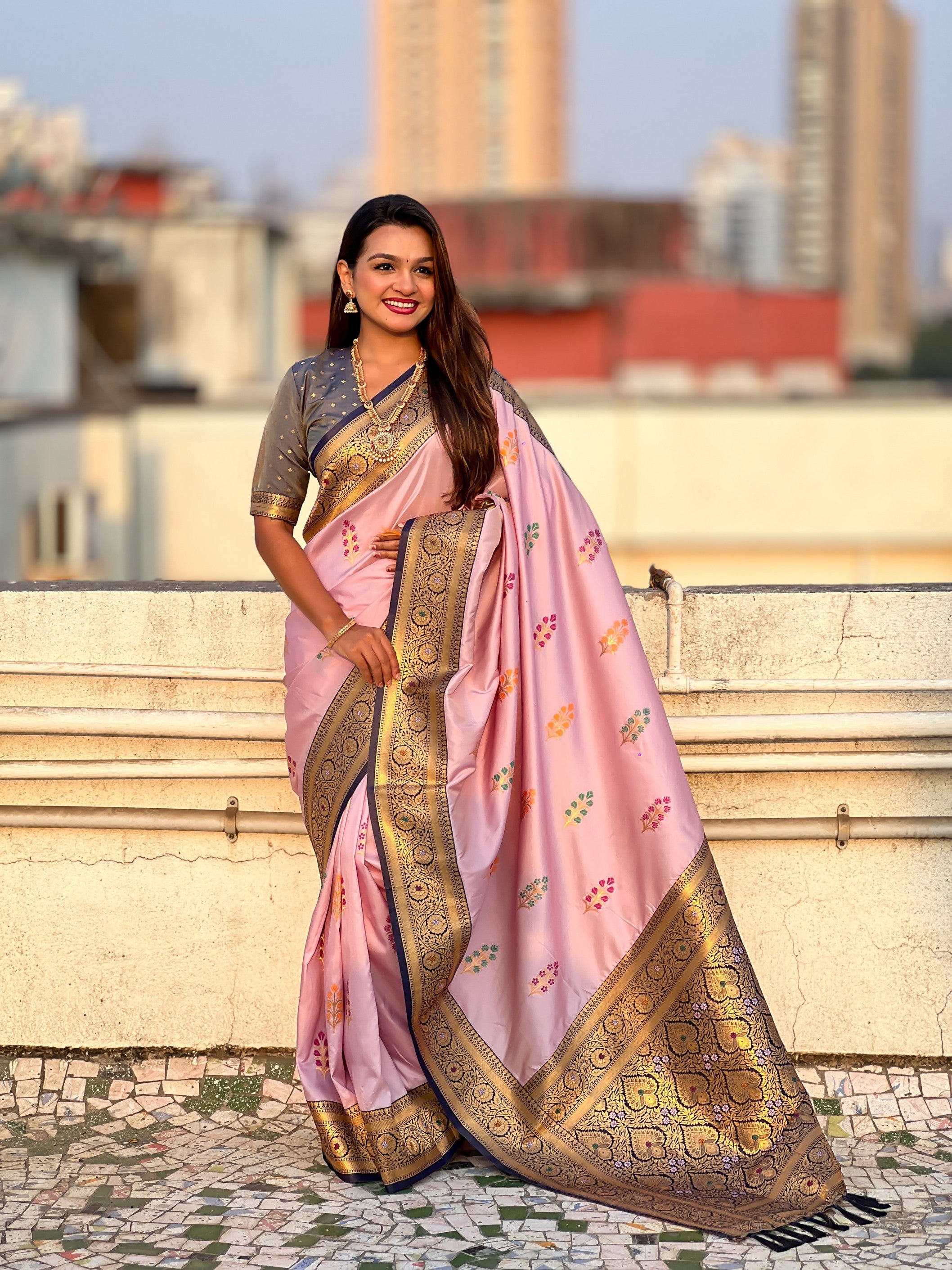 Pink Soft Silk Woven Meenakari Designer Heavy Ceremonial Saree