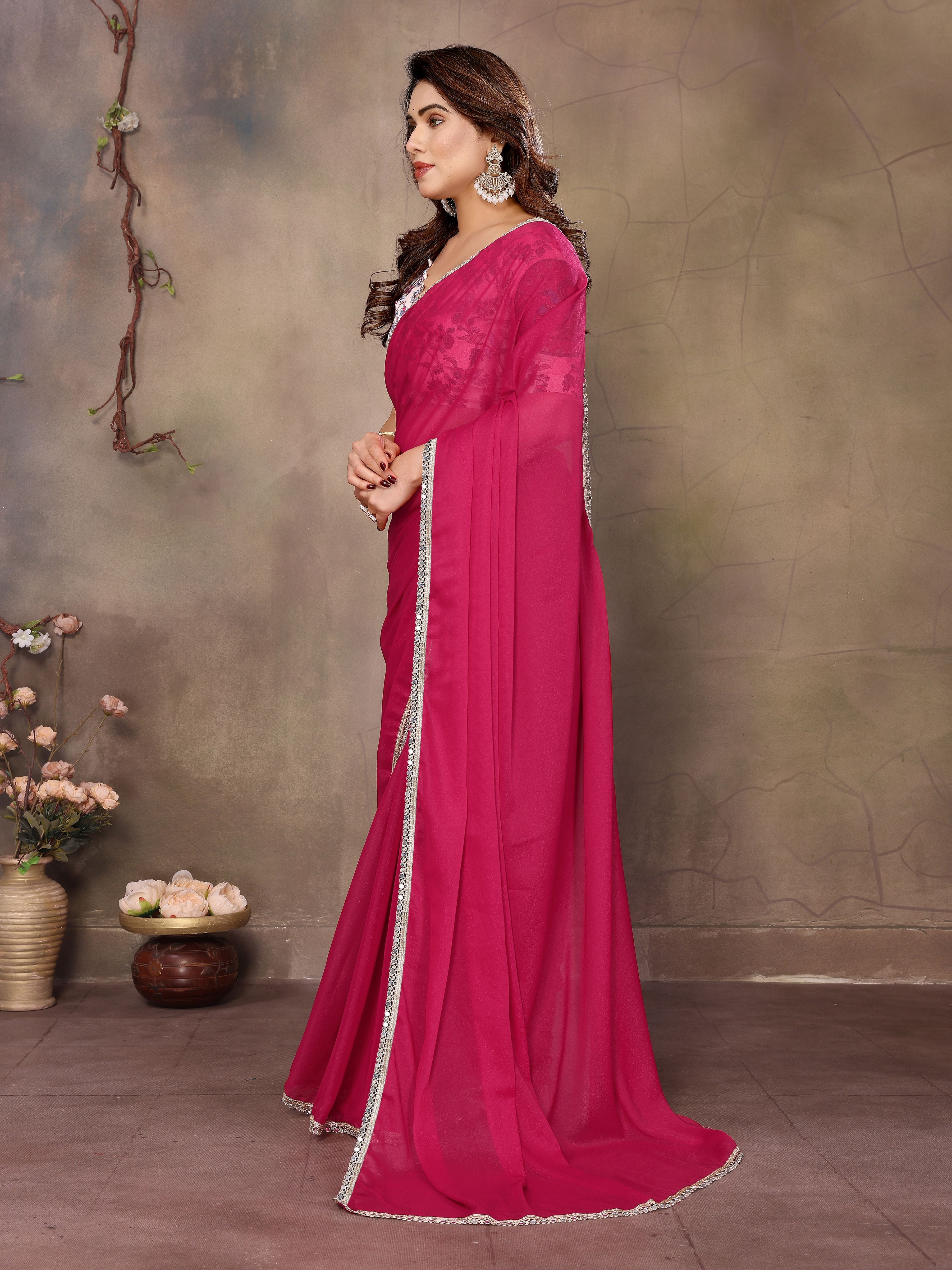Pink Solid Fancy Ethnic Saree For Ceremonial Girlie Looks