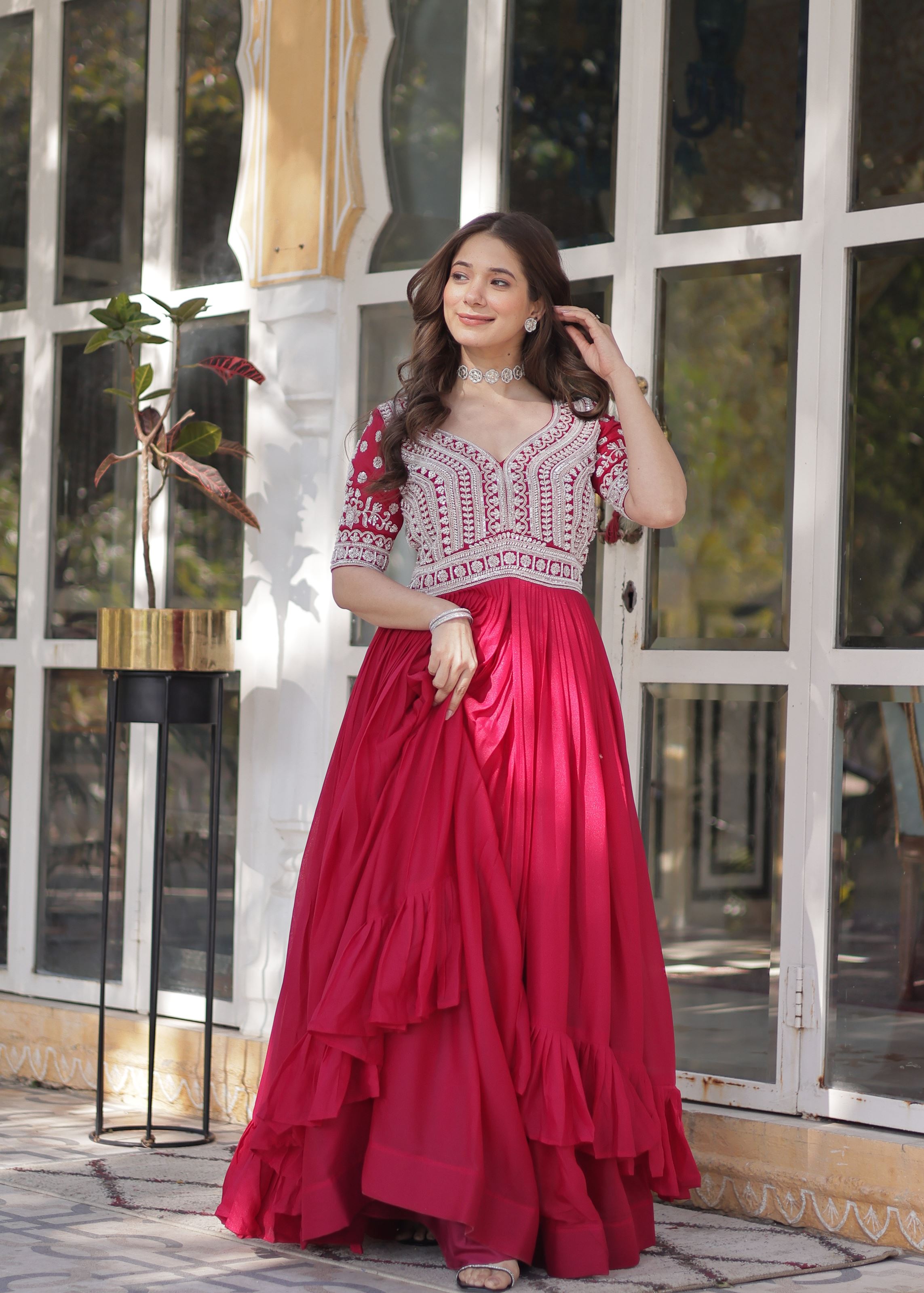 Pink Star Georgette Gown With Embroidery Beads Sequins-work