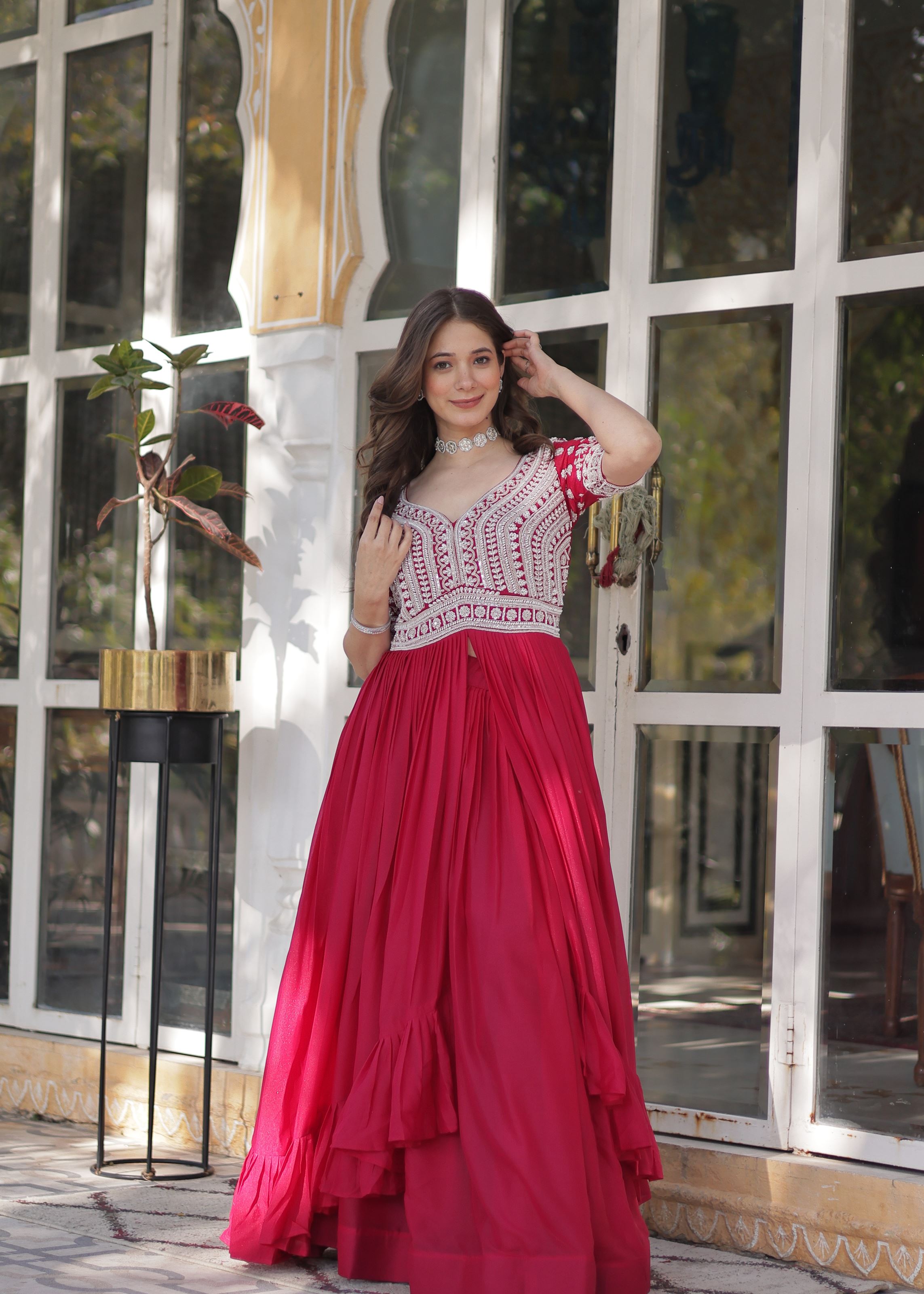 Pink Star Georgette Gown With Embroidery Beads Sequins-work