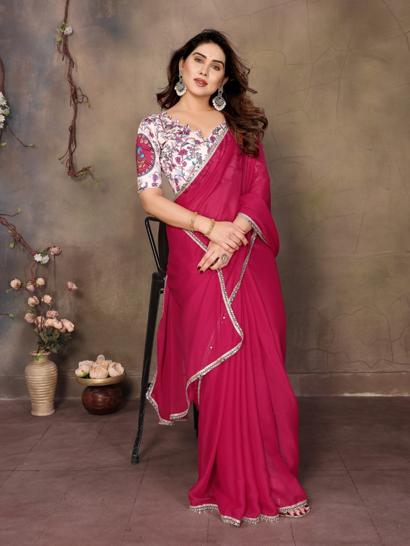Pink Star Georgette Saree With Mirror Border Design