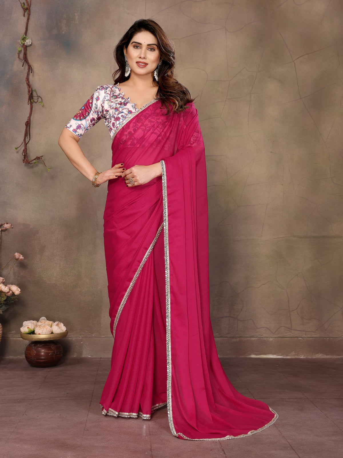 Pink Star Georgette Saree With Mirror Border Design