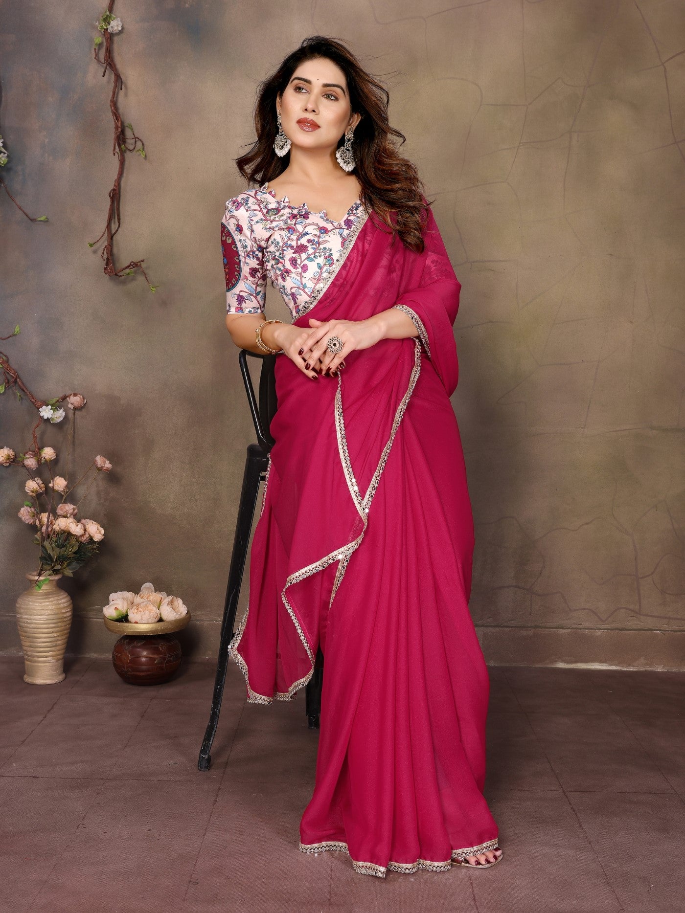 Pink Star Georgette Saree With Mirror Border Design