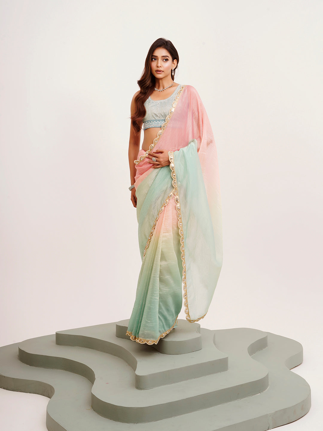 Pink Tissue Embellished Sequinned Work Fancy Saree