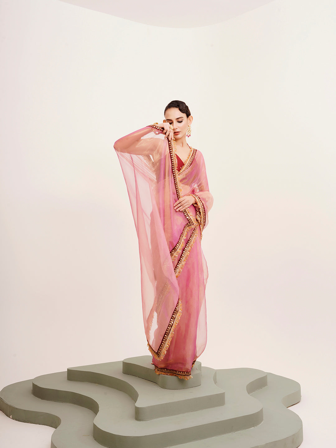 Pink Tissue Embellished Sequinned Work Fancy Saree