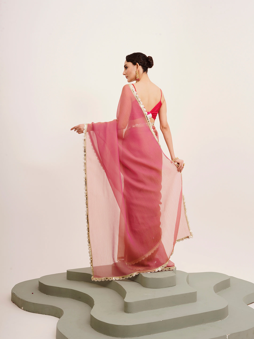 Pink Tissue Embellished Sequinned Work Fancy Saree