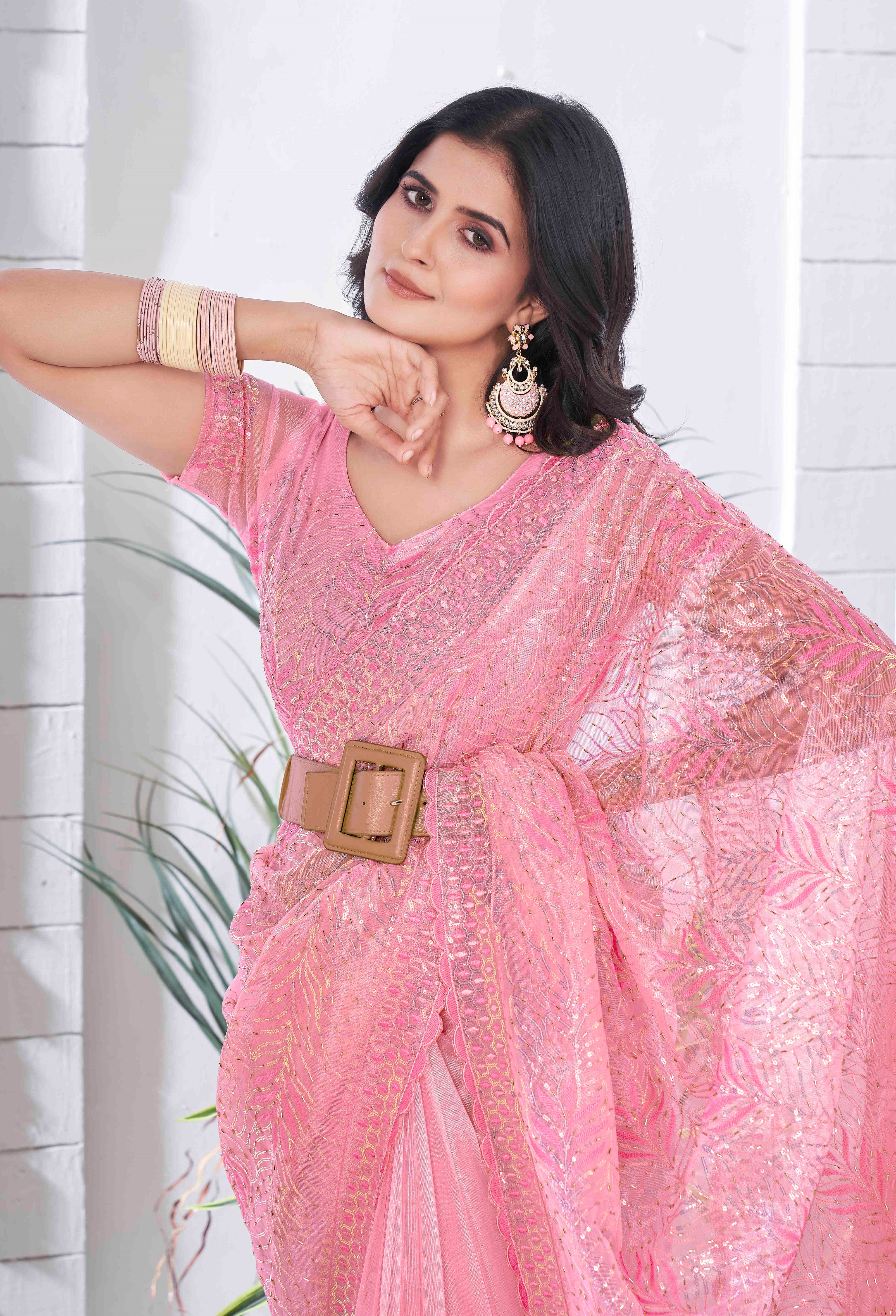 Pink Tissue Net Sequance And Multy Thread Embroidery Saree With Cut Work
