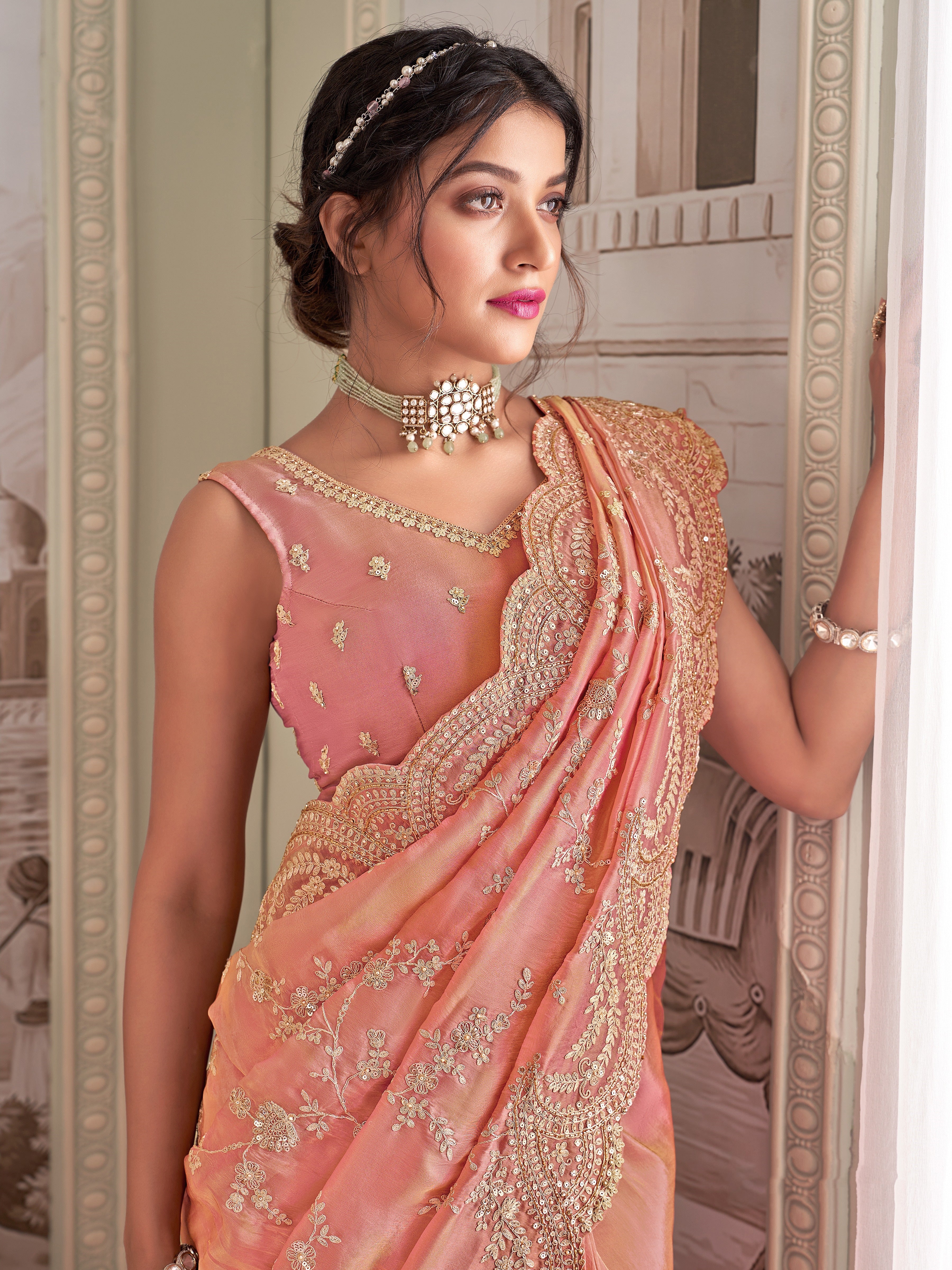 Pink Tissue Saree with Embroidery Zari & Sequins Work