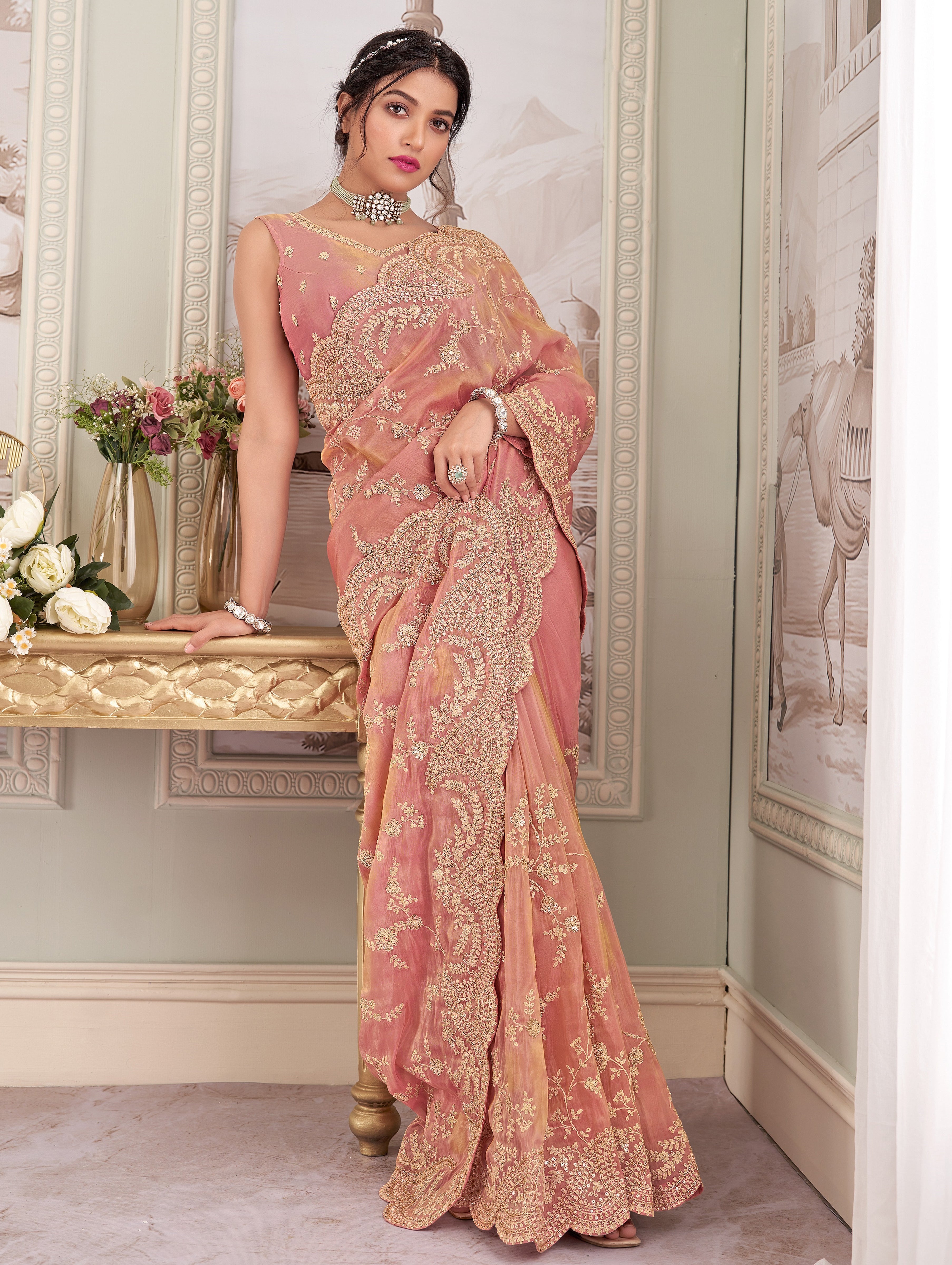 Pink Tissue Saree with Embroidery Zari & Sequins Work