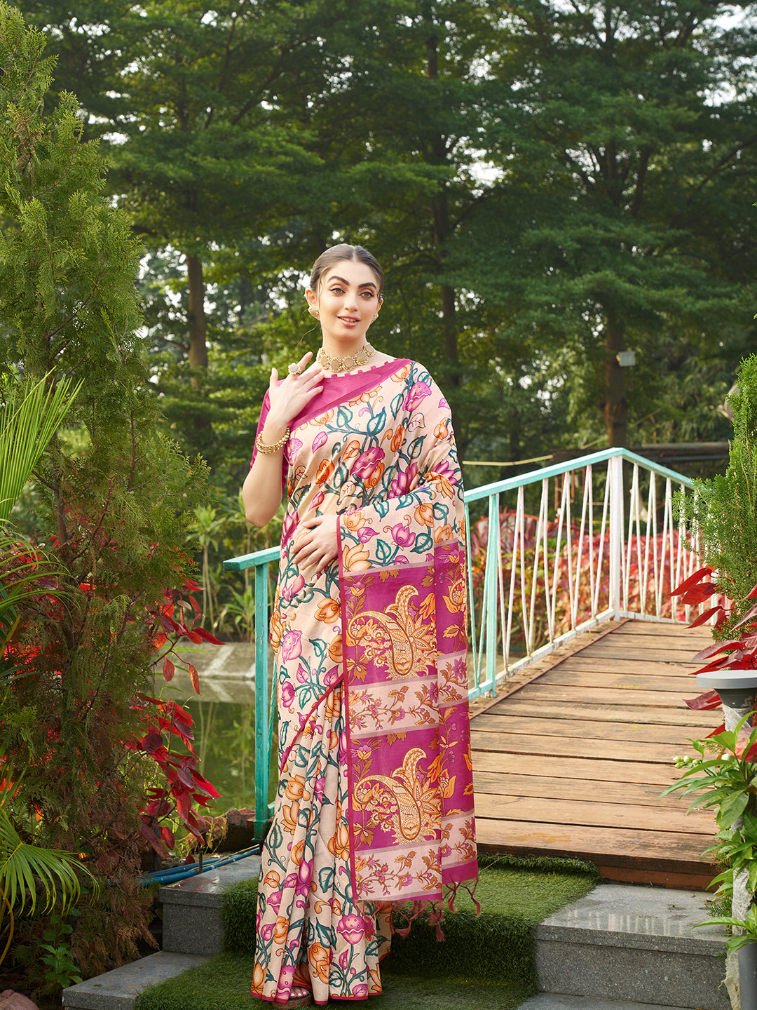 Pink Tussar Silk Designer Kalamkari Printed Traditional Ethnic Indian Saree
