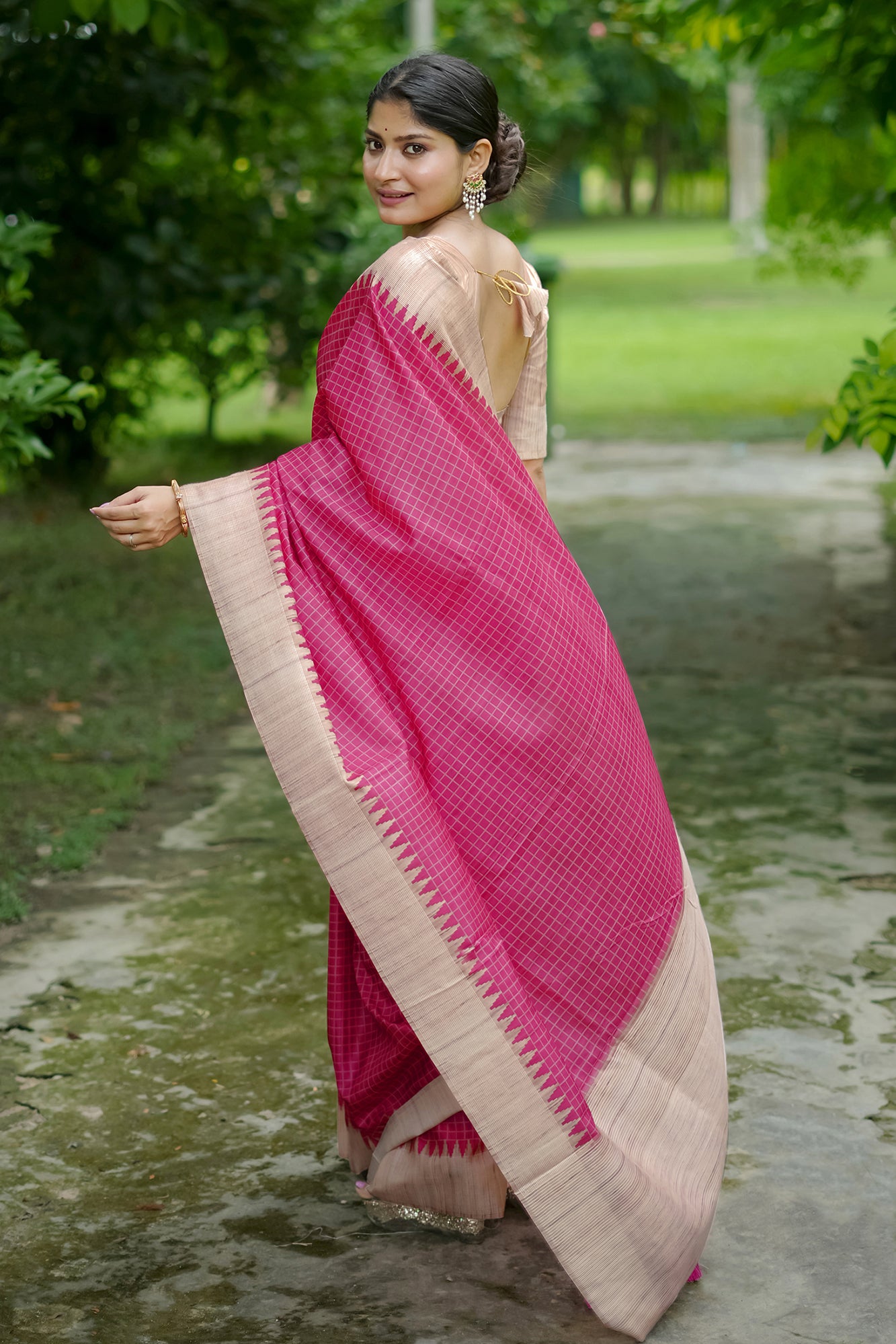 Pink Tussar Silk Saree with Checks and Contrast Pallu