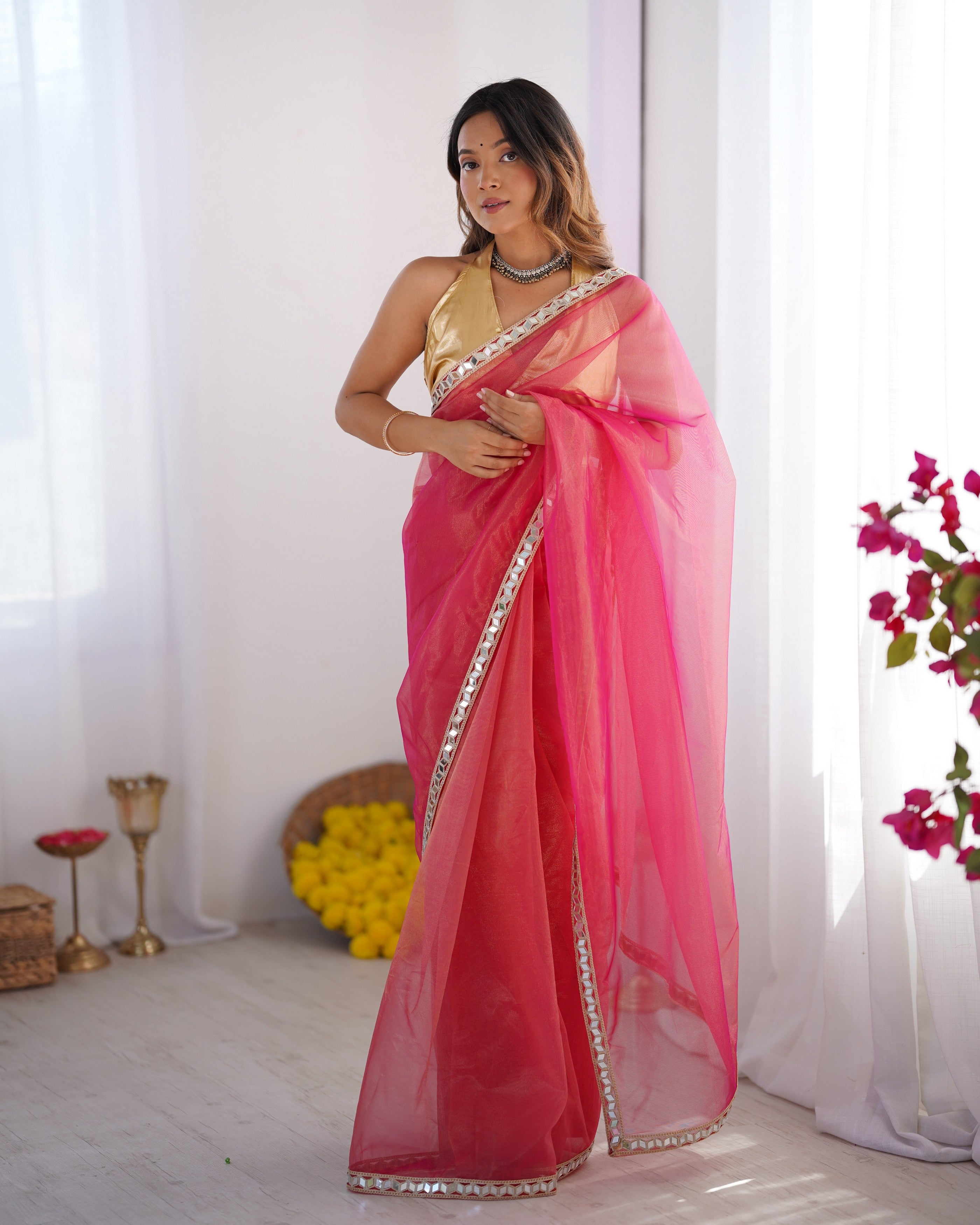 Pink Twill Net Solid Designer With Lace Border Bollywood Style Saree