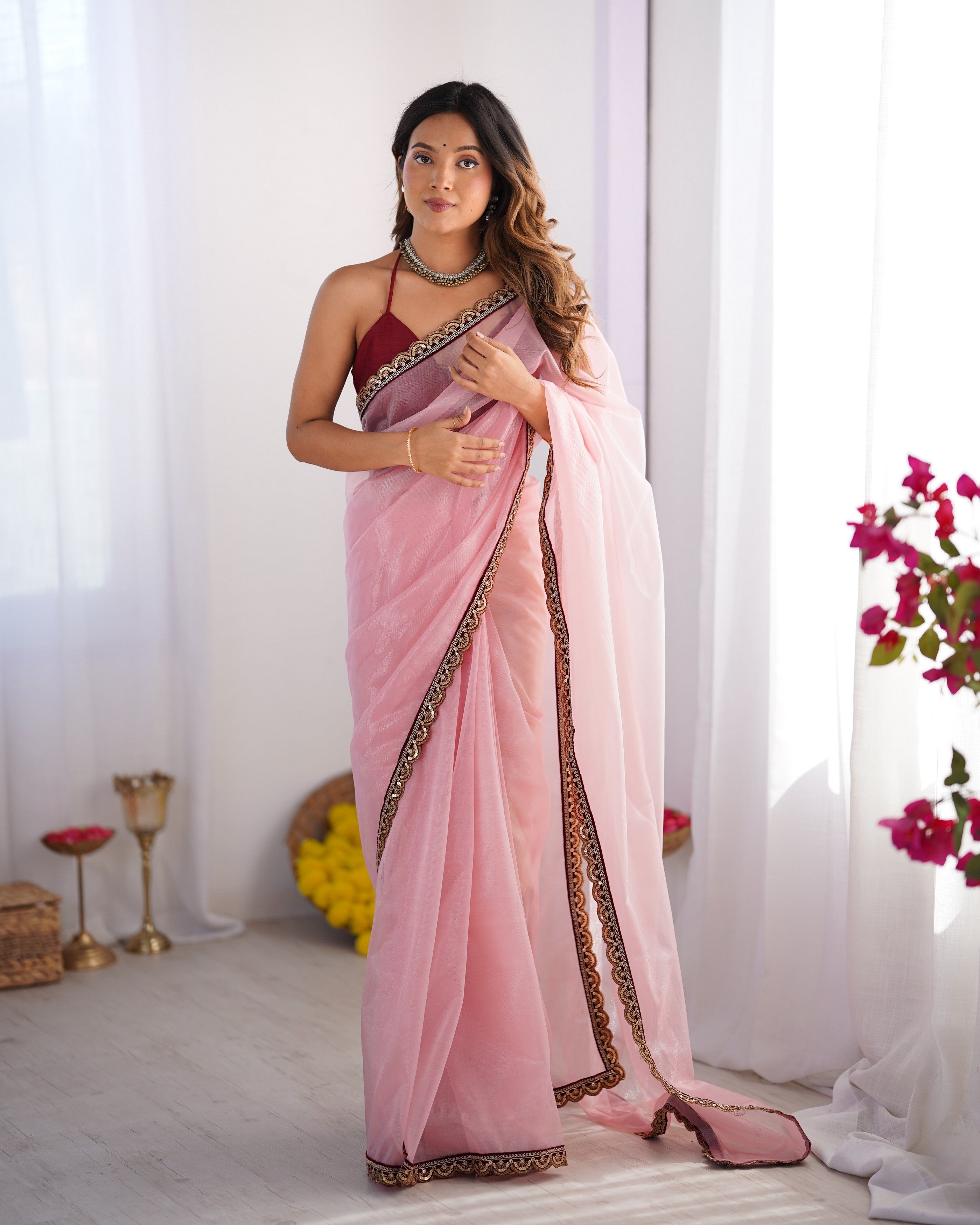 Pink Twill Net Solid Designer With Lace Border Bollywood Style Saree