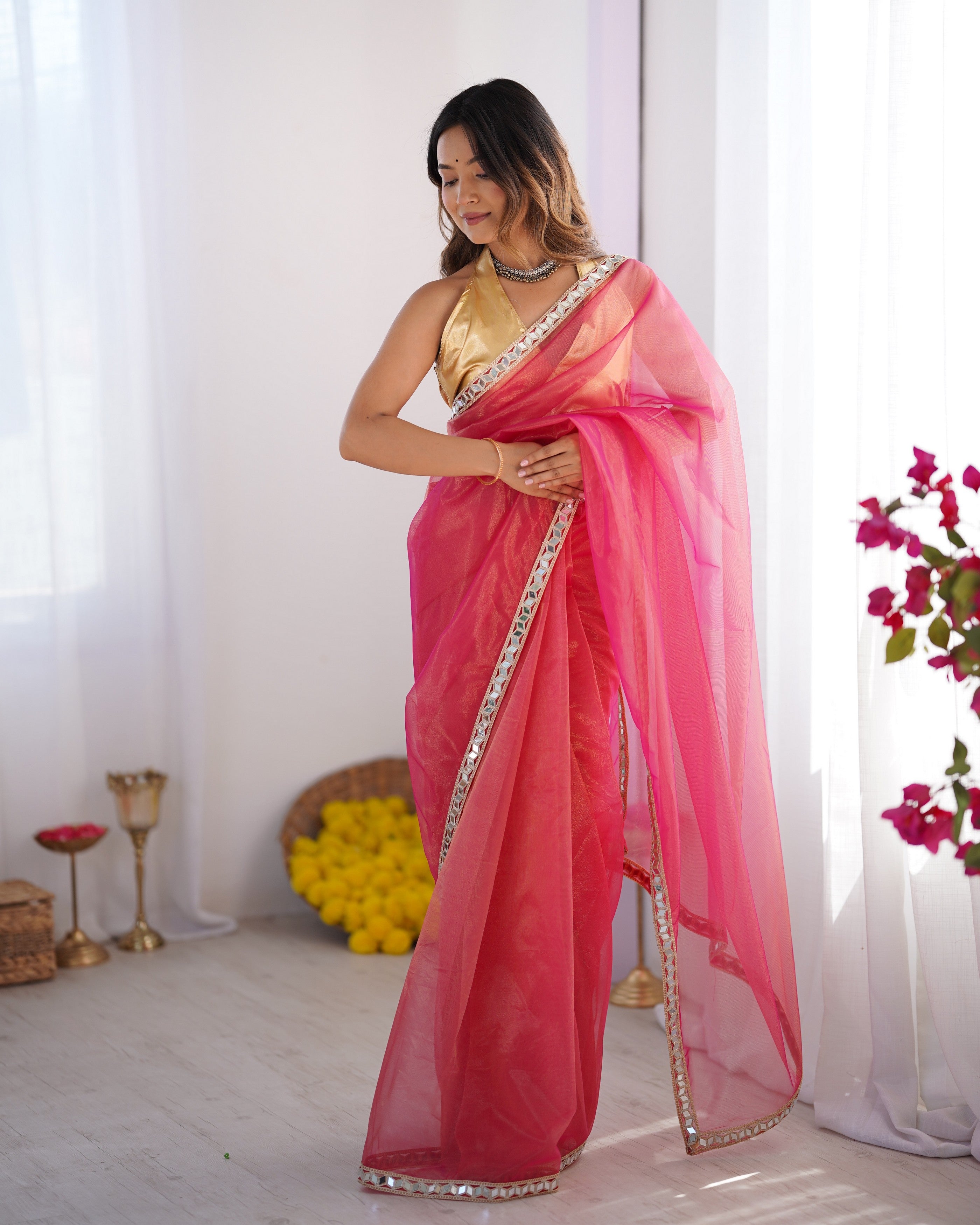 Pink Twill Net Solid Designer With Lace Border Bollywood Style Saree