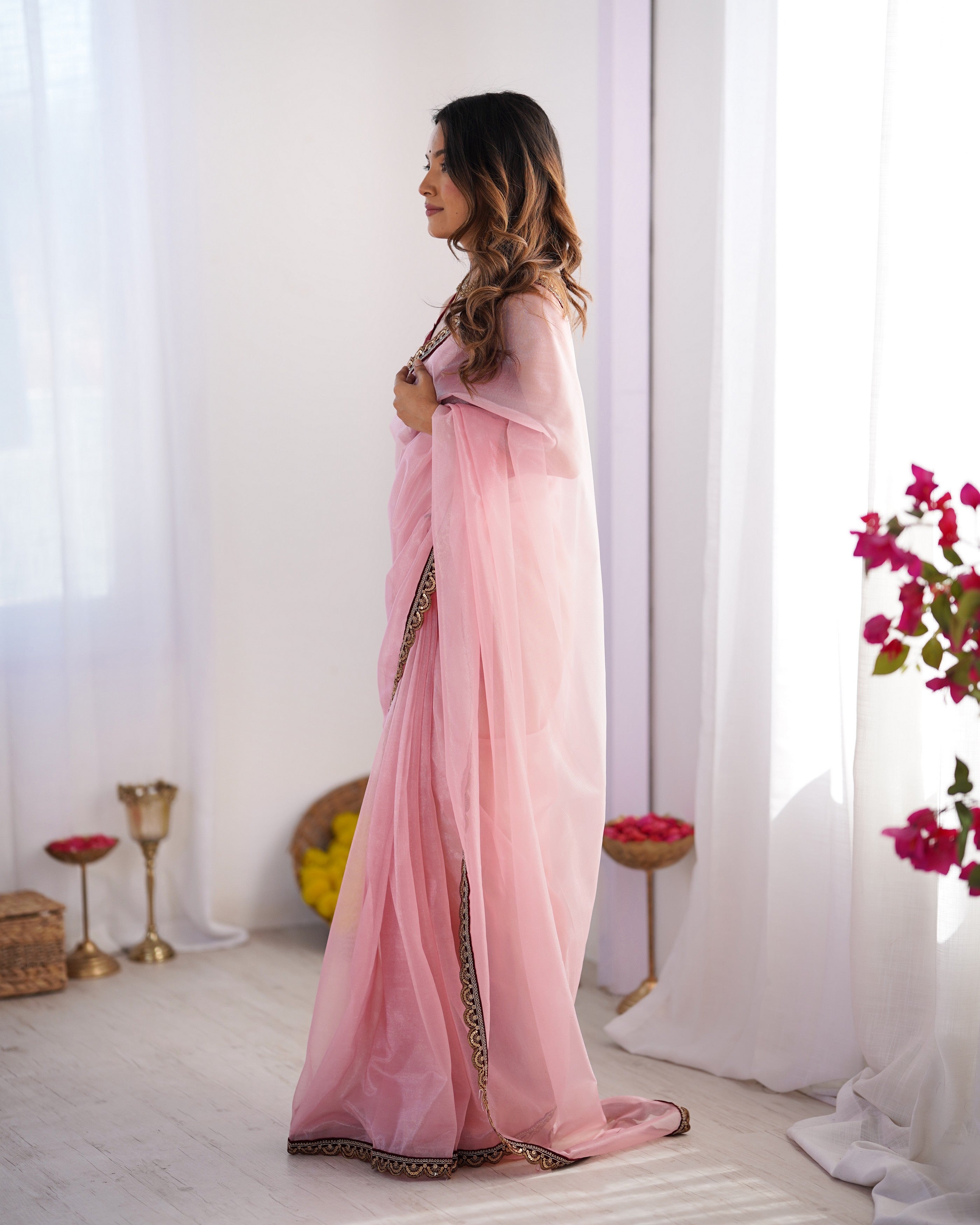 Pink Twill Net Solid Designer With Lace Border Bollywood Style Saree