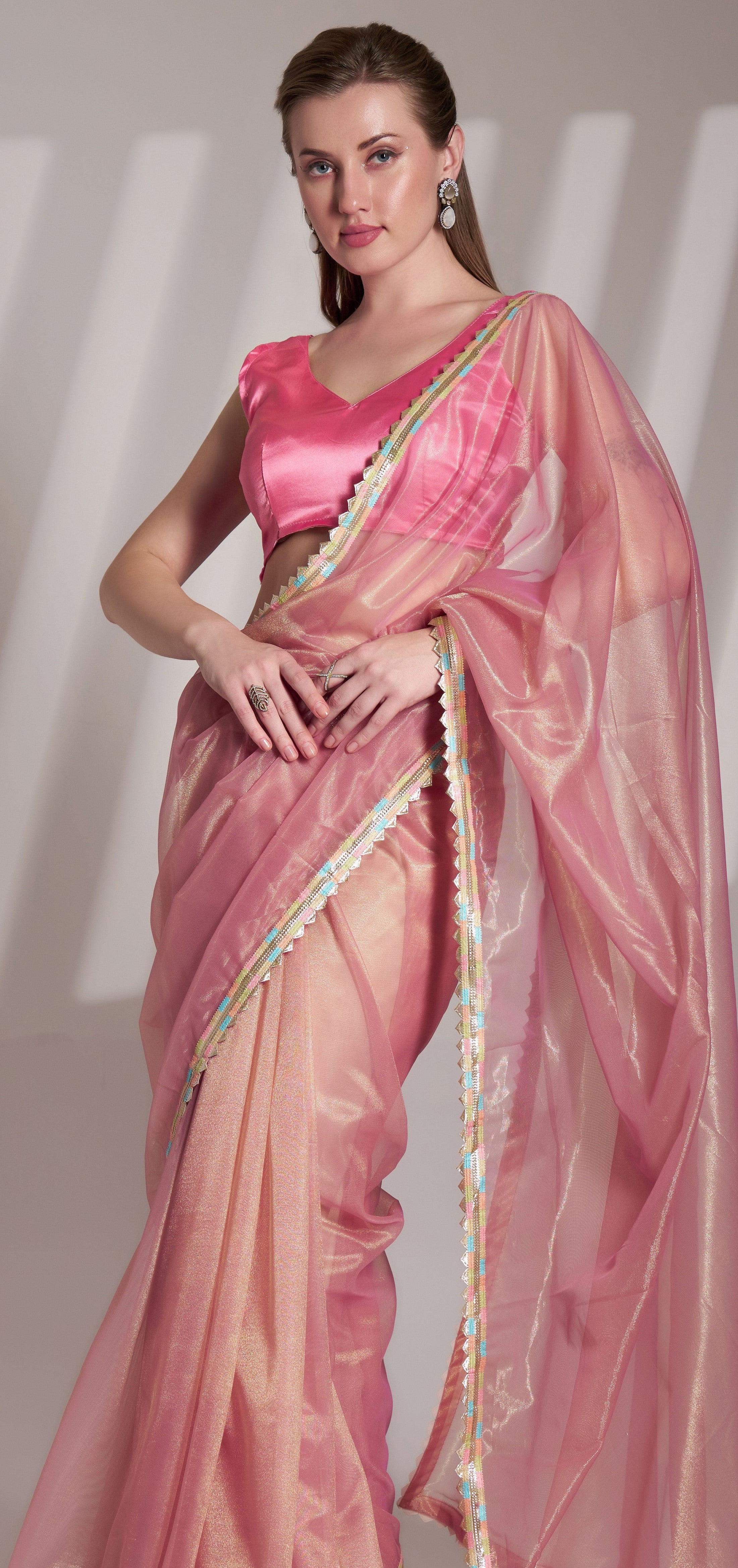 Pink Twill Net Solid Fancy Designer Bollywood Style Saree