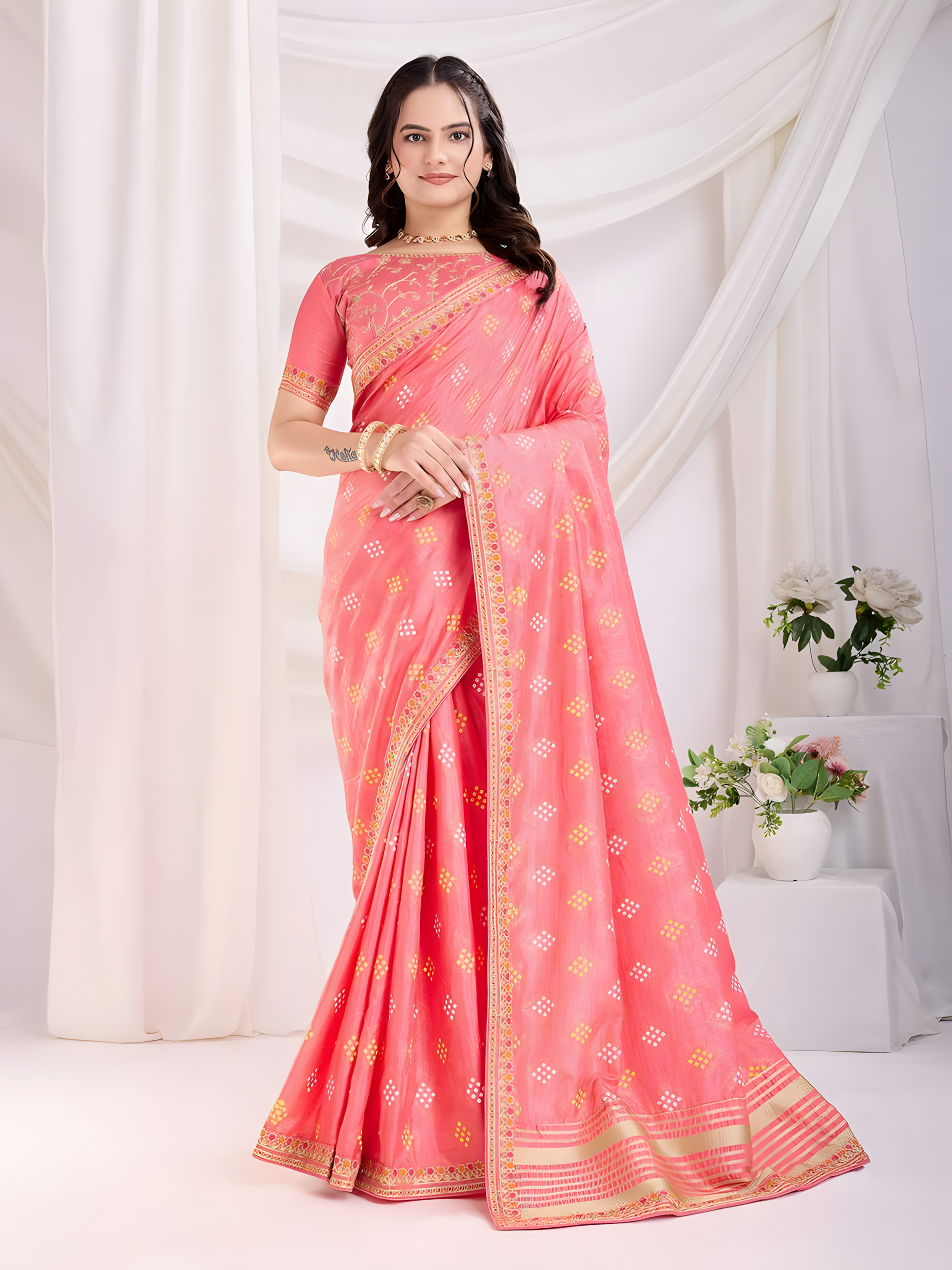 Pink Vichitra silk Saree with Golden Foil bandhani print with embroidery work lace