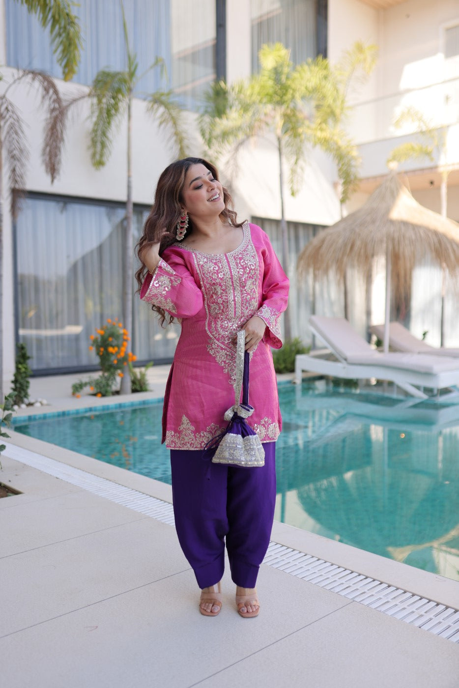 Pink Viscose Designer Suit Set With Sequin & Zari Embroidery