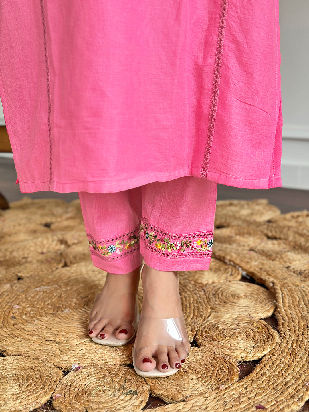 Pink Viscose Elegant Kurta Pant Set With Thread Work