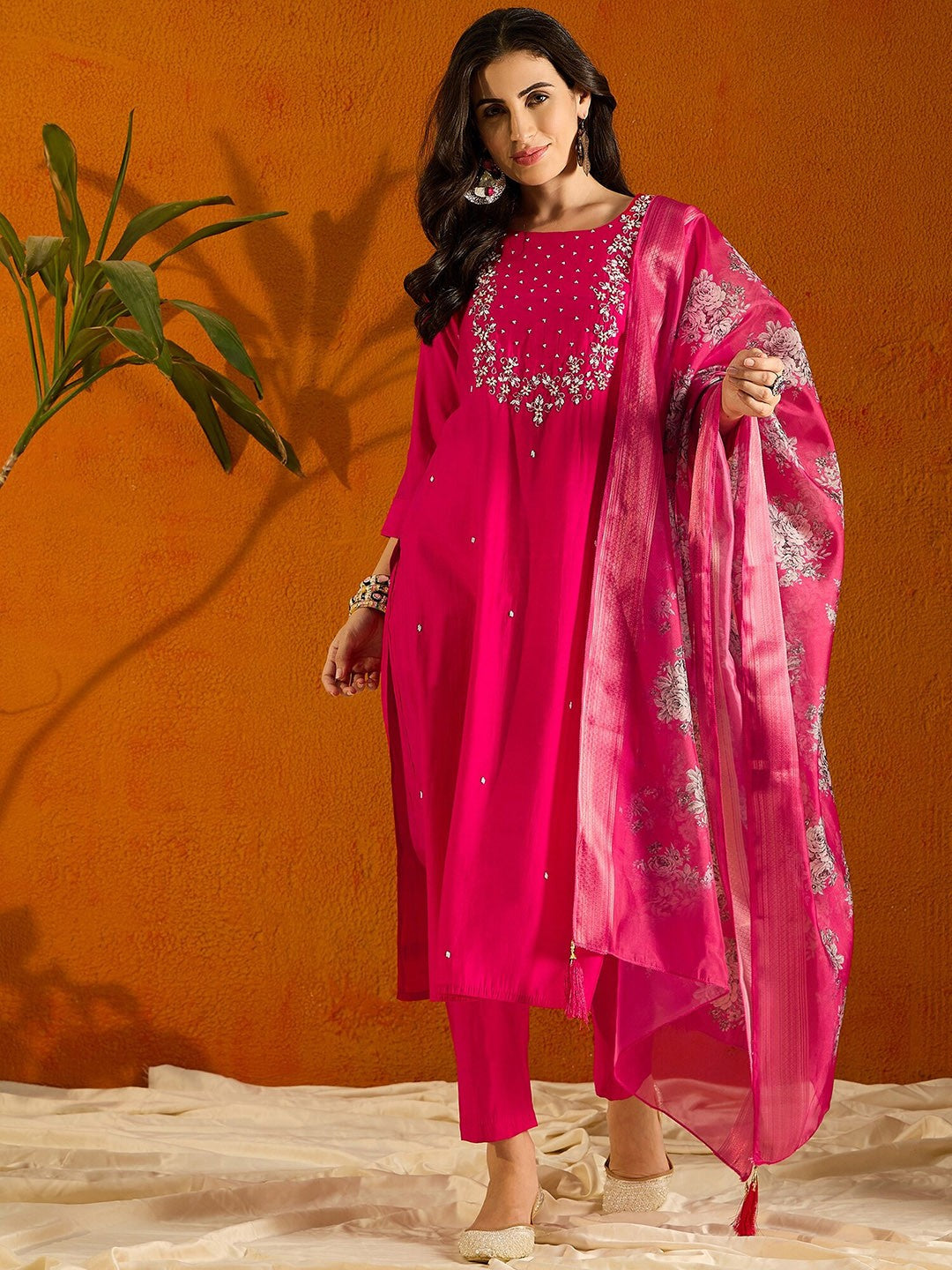Pink Viscose Rayon Elegant Kurta Pant Set With Embroidery Work