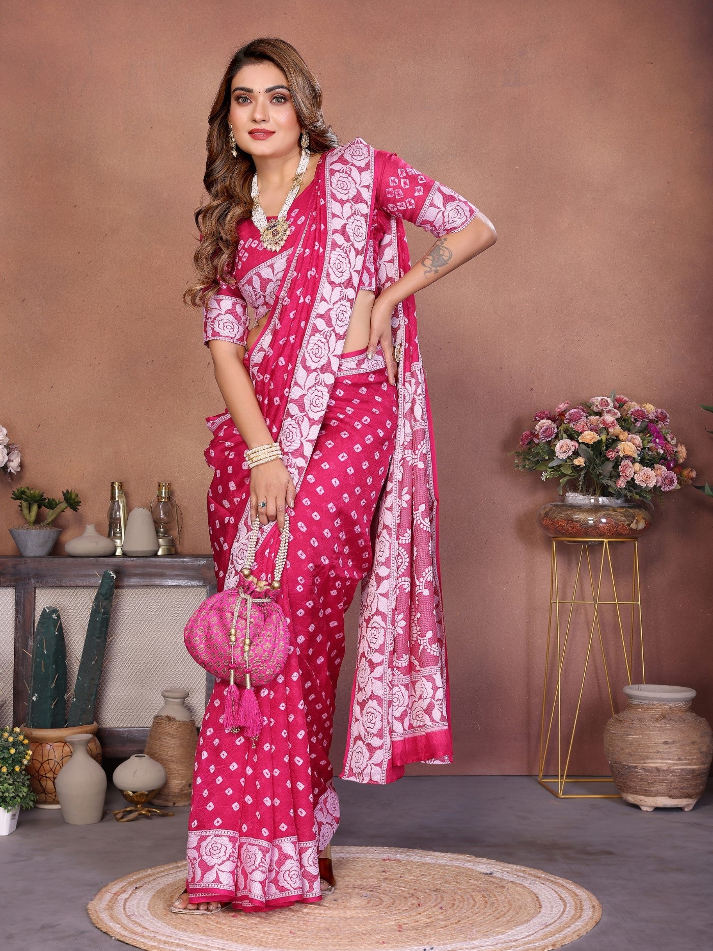 Pink Viscose Silk Saree With Handmade Original Bandhej