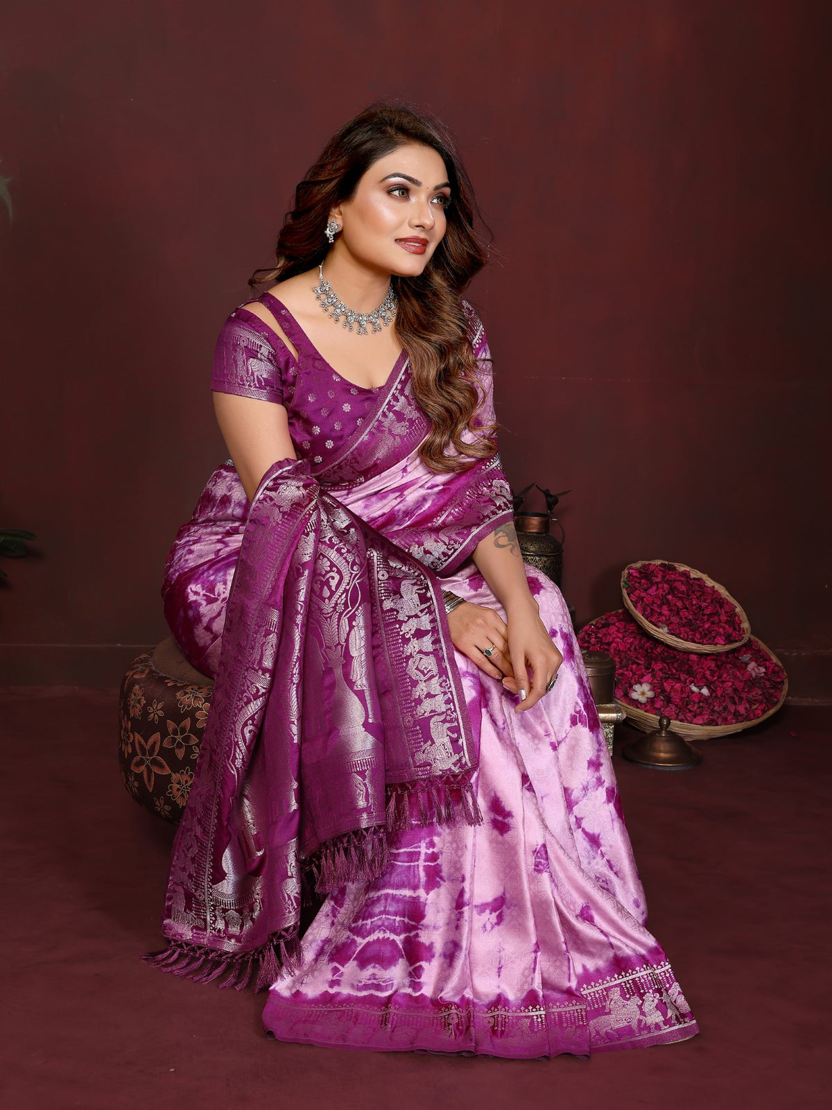 Pink Wine Soft Satin Silk Saree With Sibory Zari Weaving