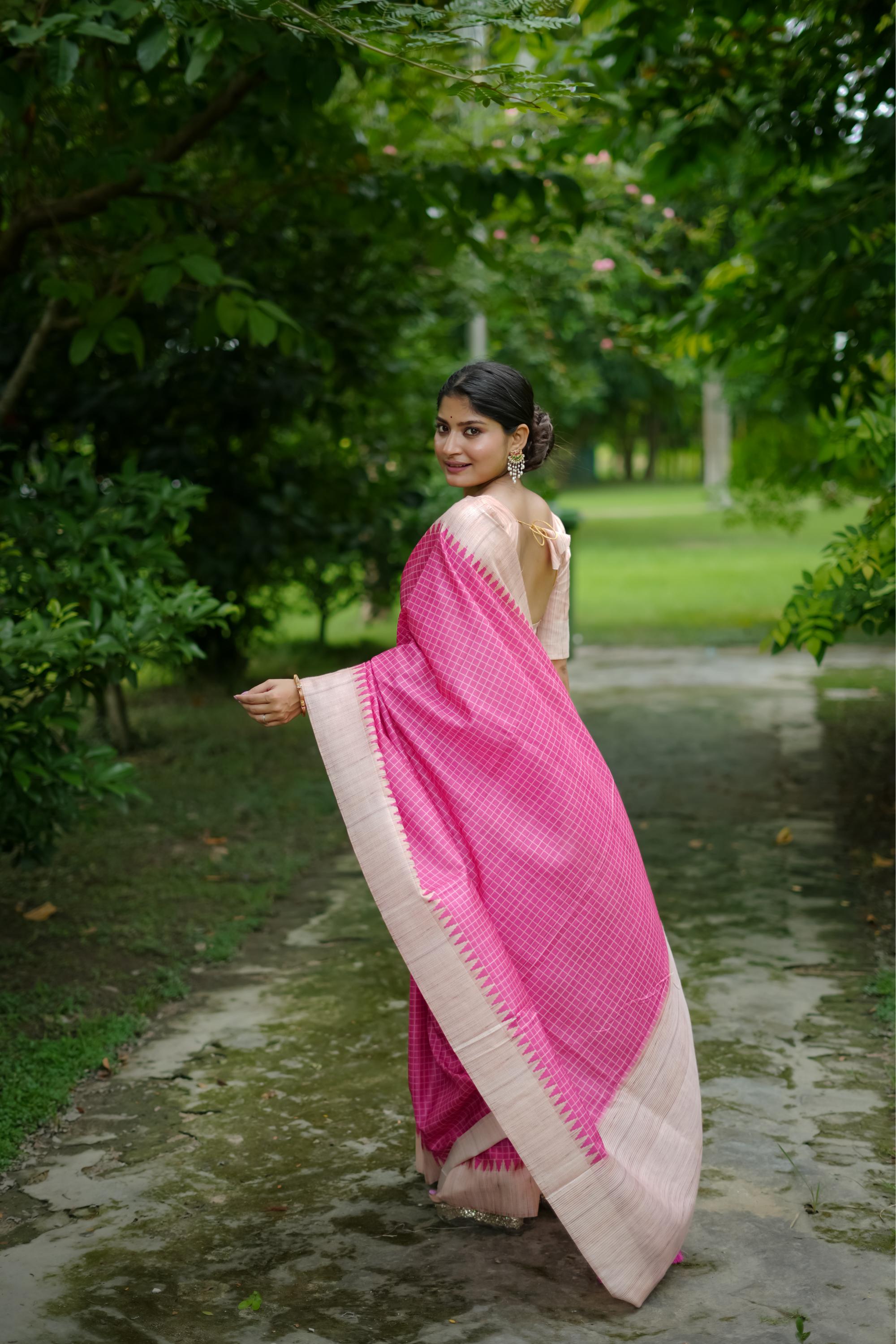 Pink Woven Kantha Designer Tussar Silk Saree With Printed Design