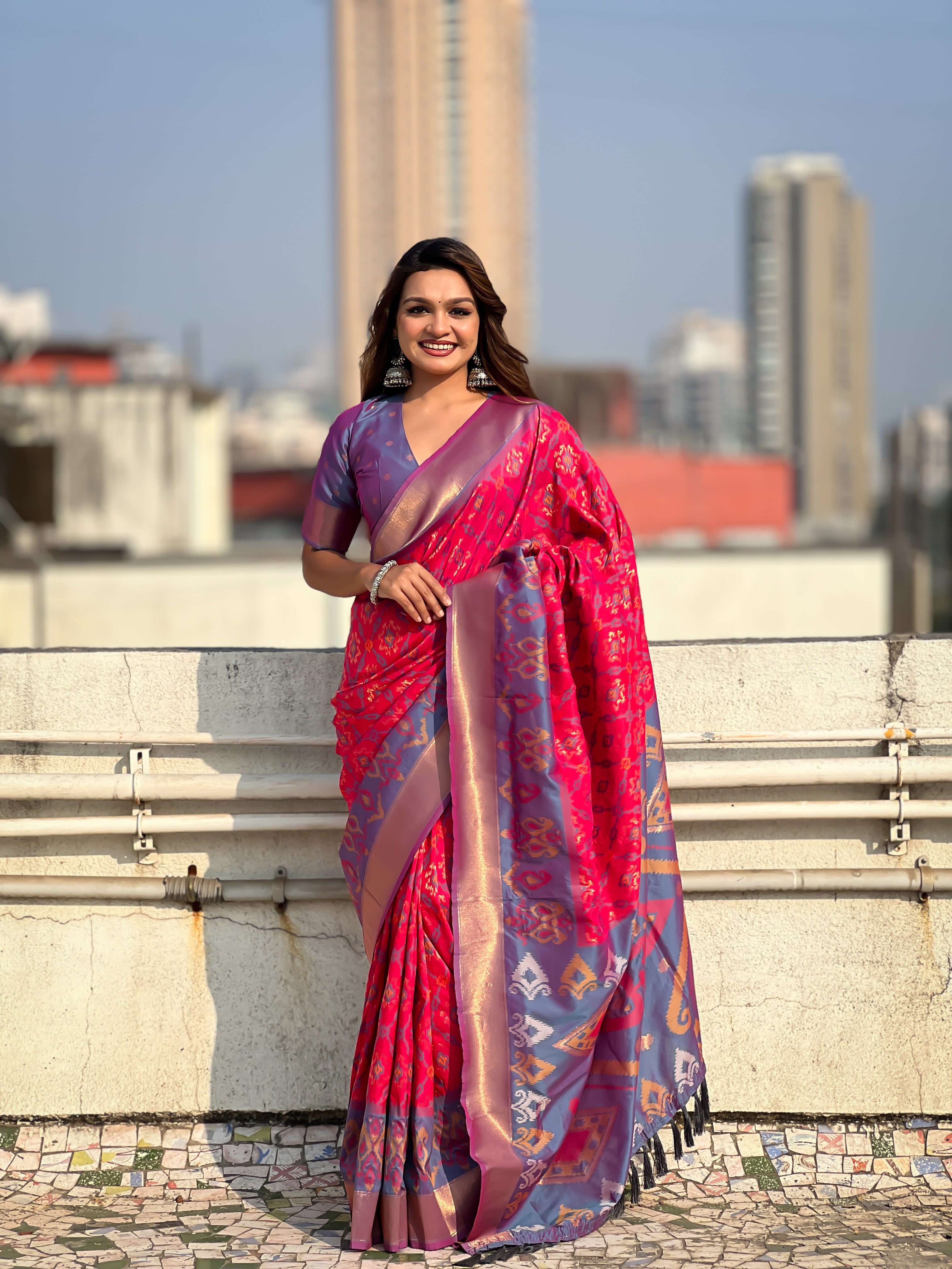 Pink Woven Meenakari Ikkat Designer Patola Silk Ceremonial Saree