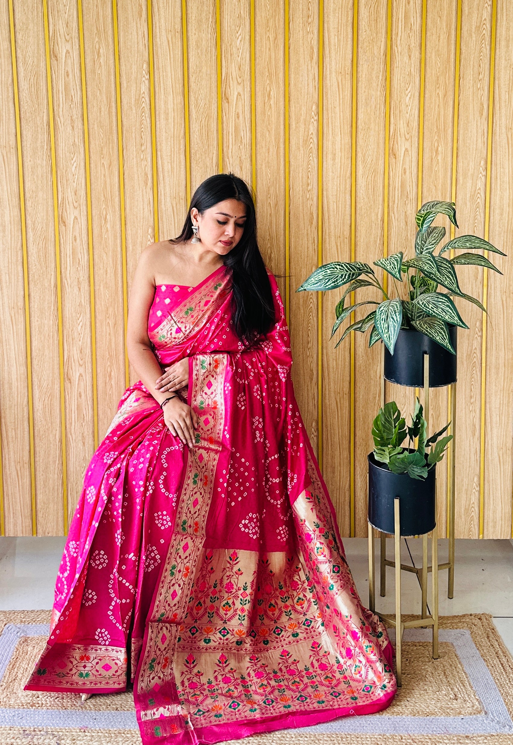 Pink Woven Paithani Designer With Bandhej Printed Beautiful Ceremonial Saree