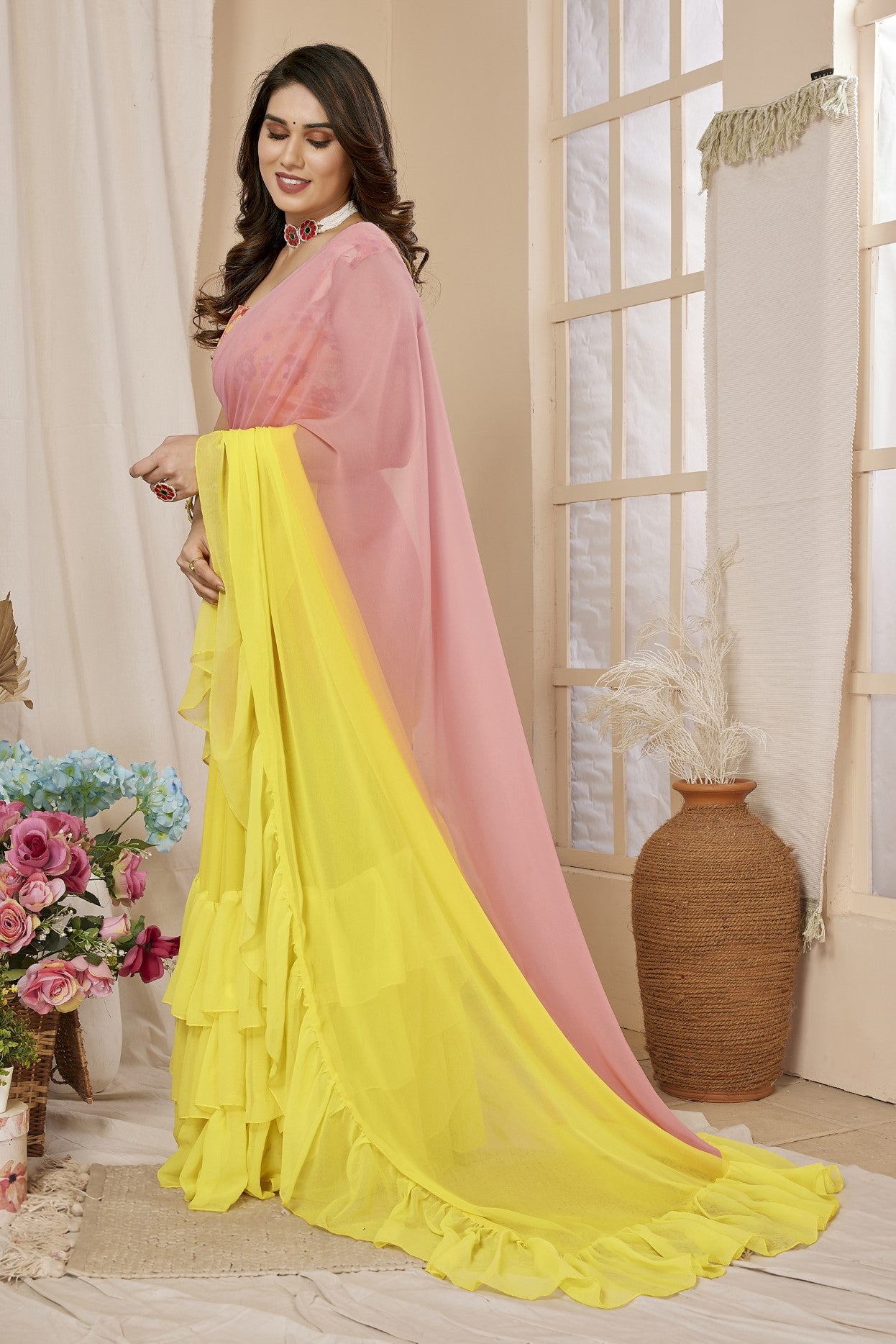 Pink Yellow Georgette Saree With Ruffle Saree With Printed Blouse