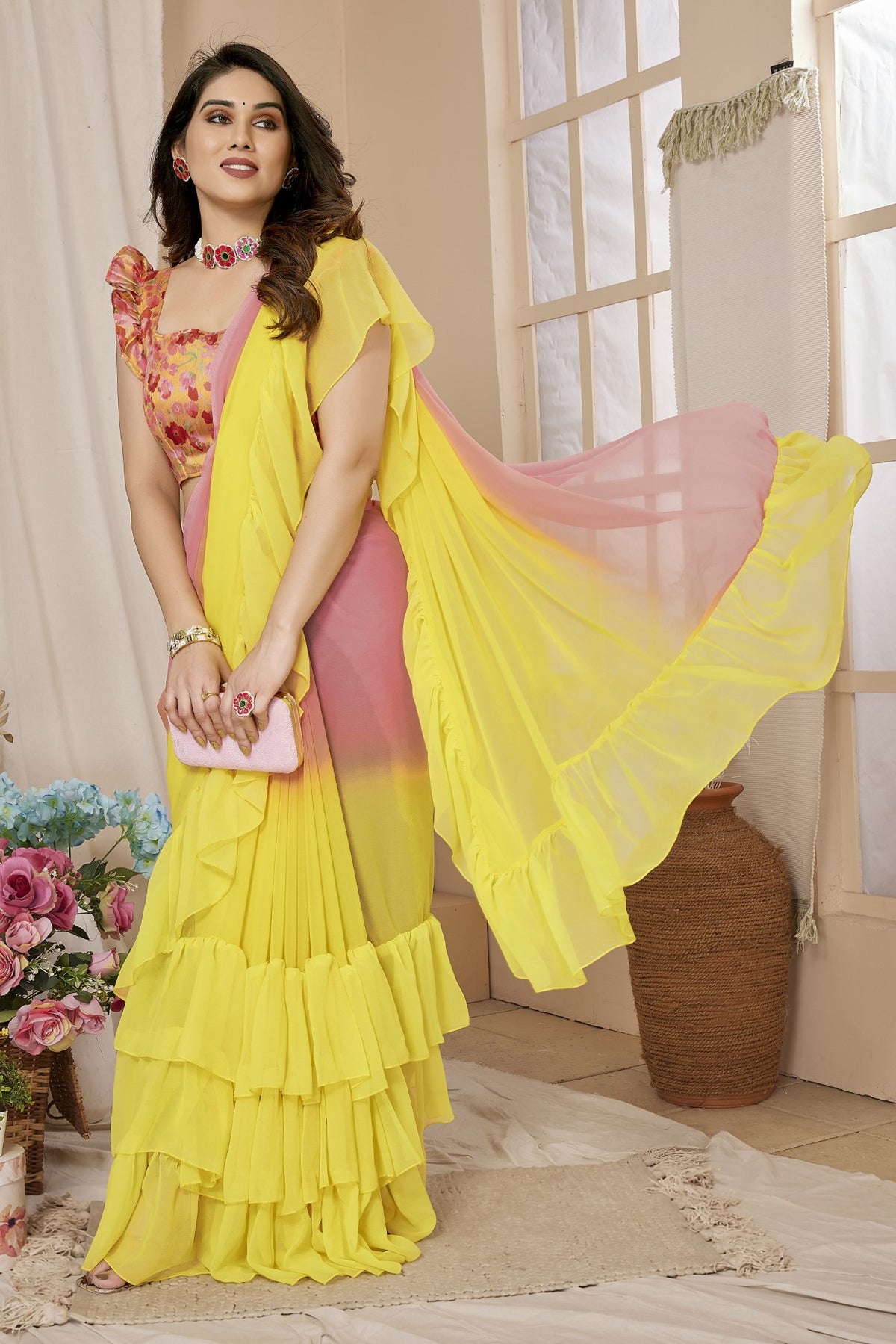 Pink Yellow Georgette Saree With Ruffle Saree With Printed Blouse