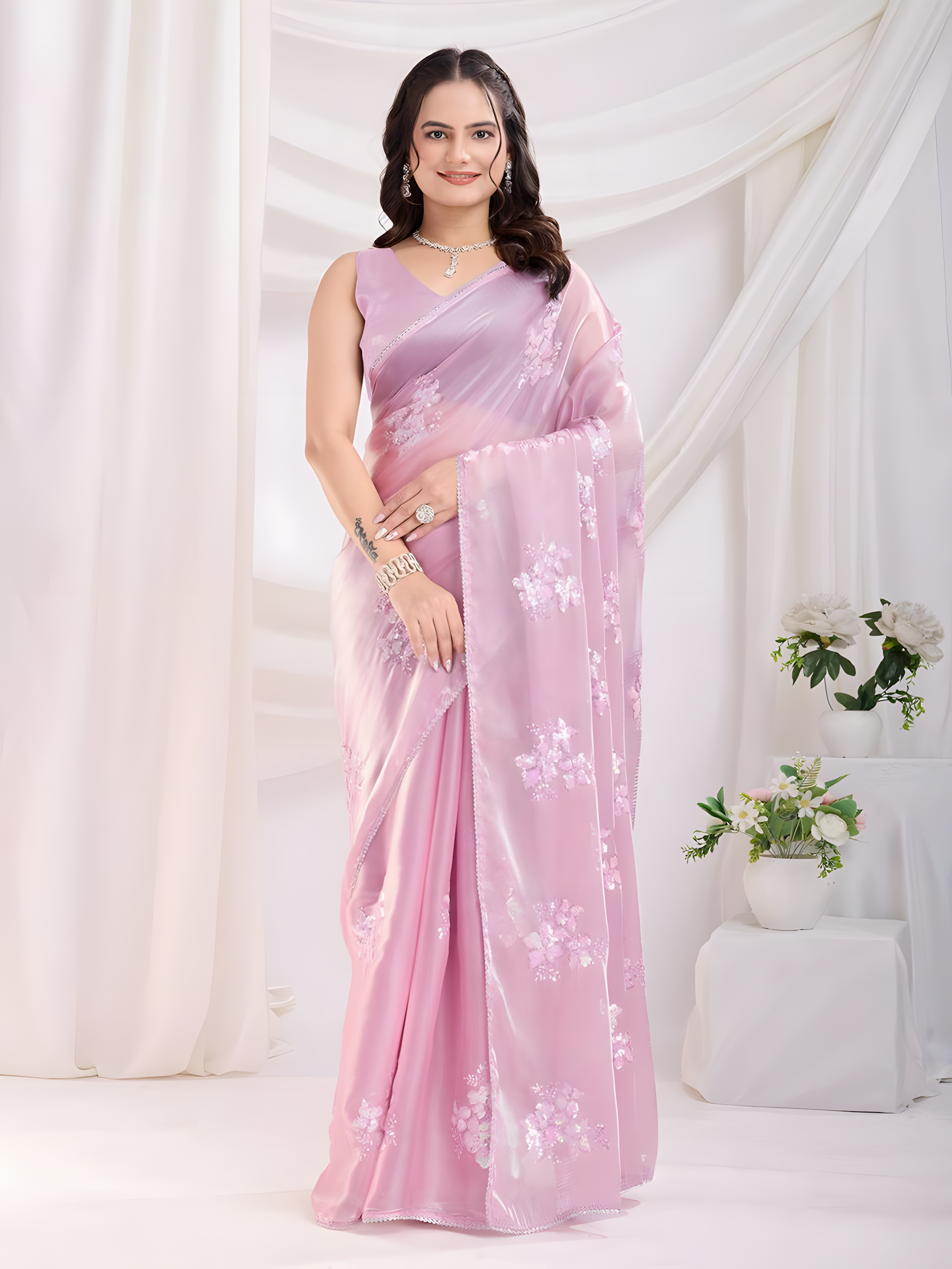 Pink Zimmy chu Saree with C-Pallu multi Embroidery with sequins Work