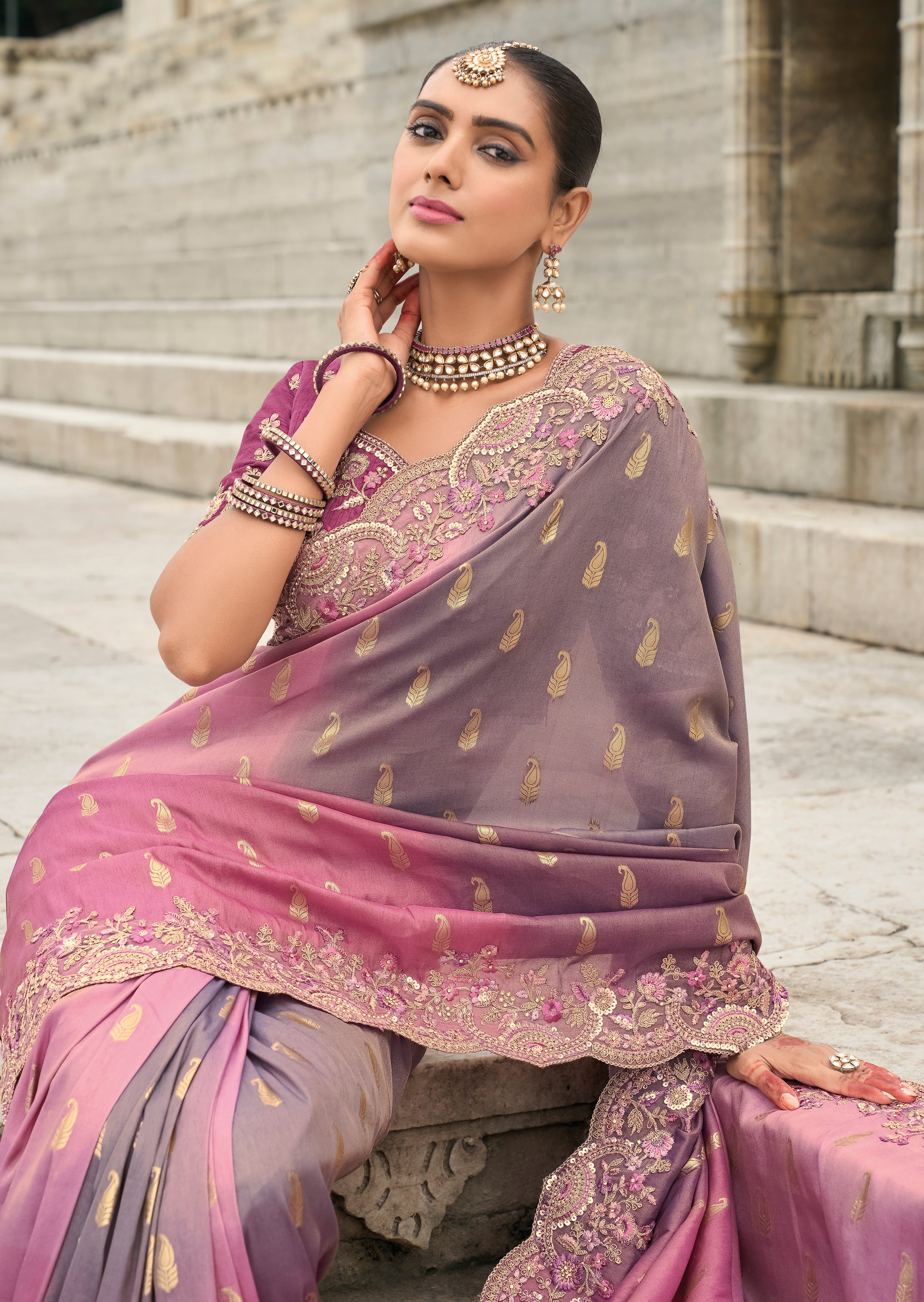 Pink & Grey Silk Saree With Embroidery Work
