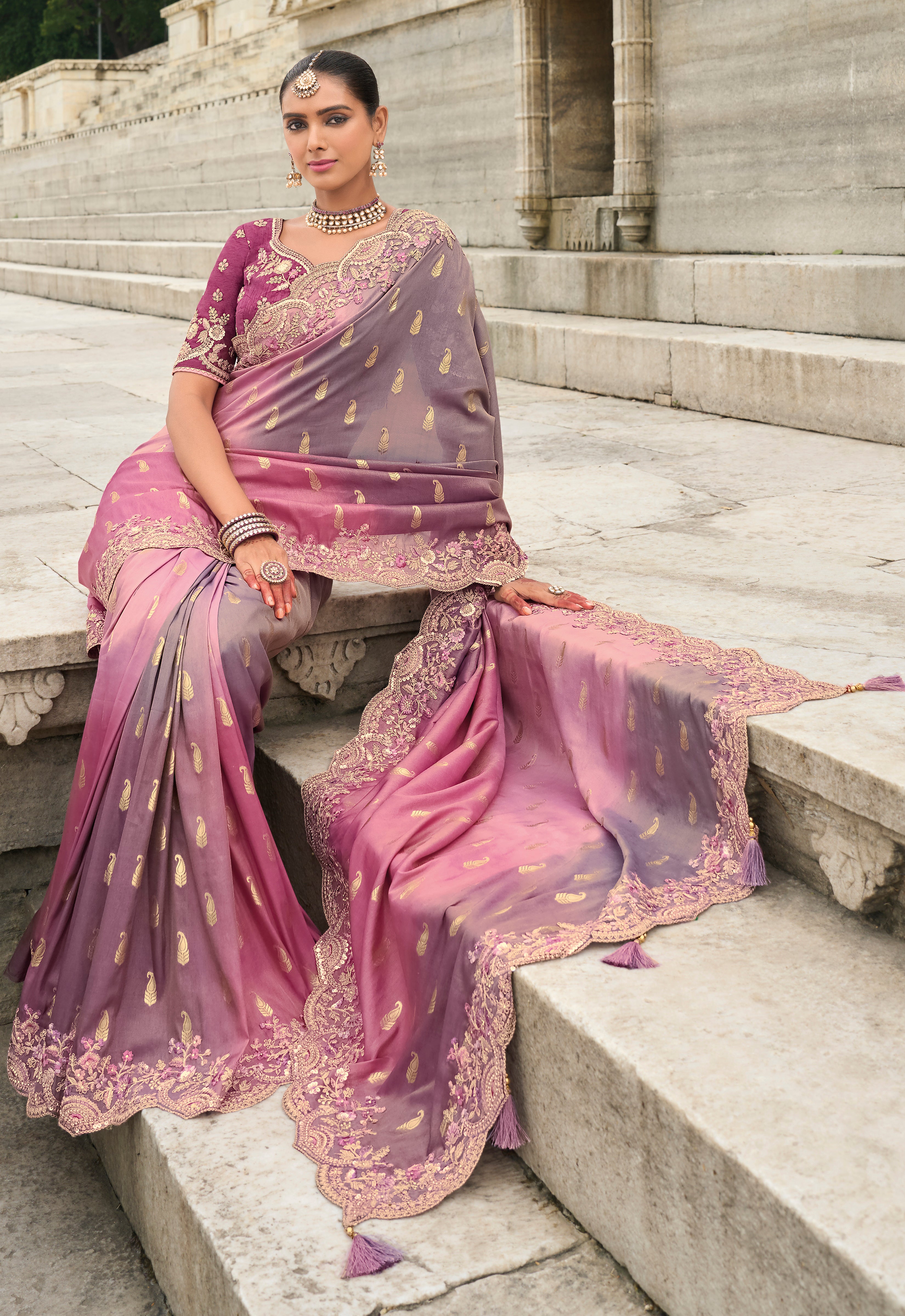 Pink & Grey Silk Saree With Embroidery Work