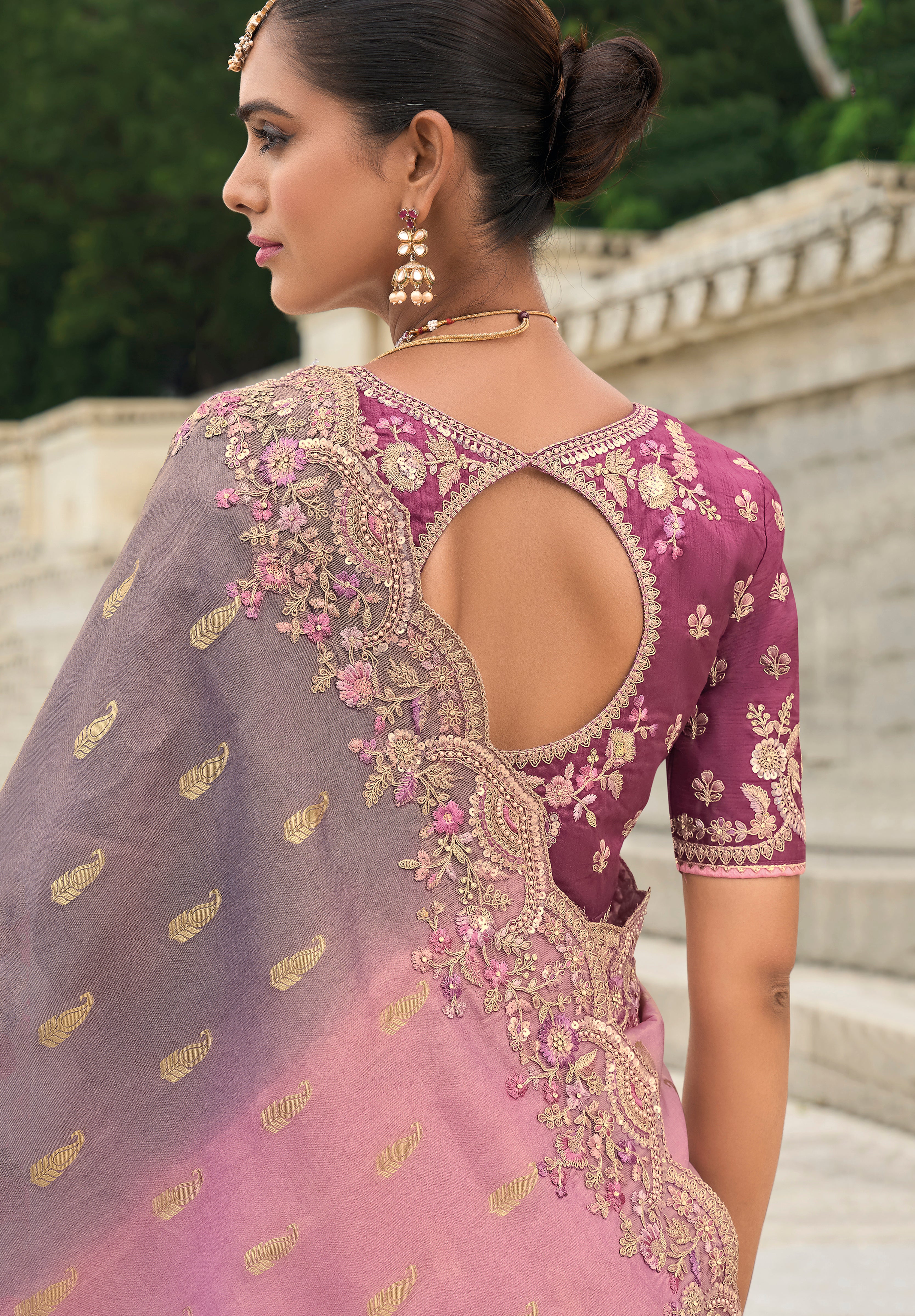 Pink & Grey Silk Saree With Embroidery Work
