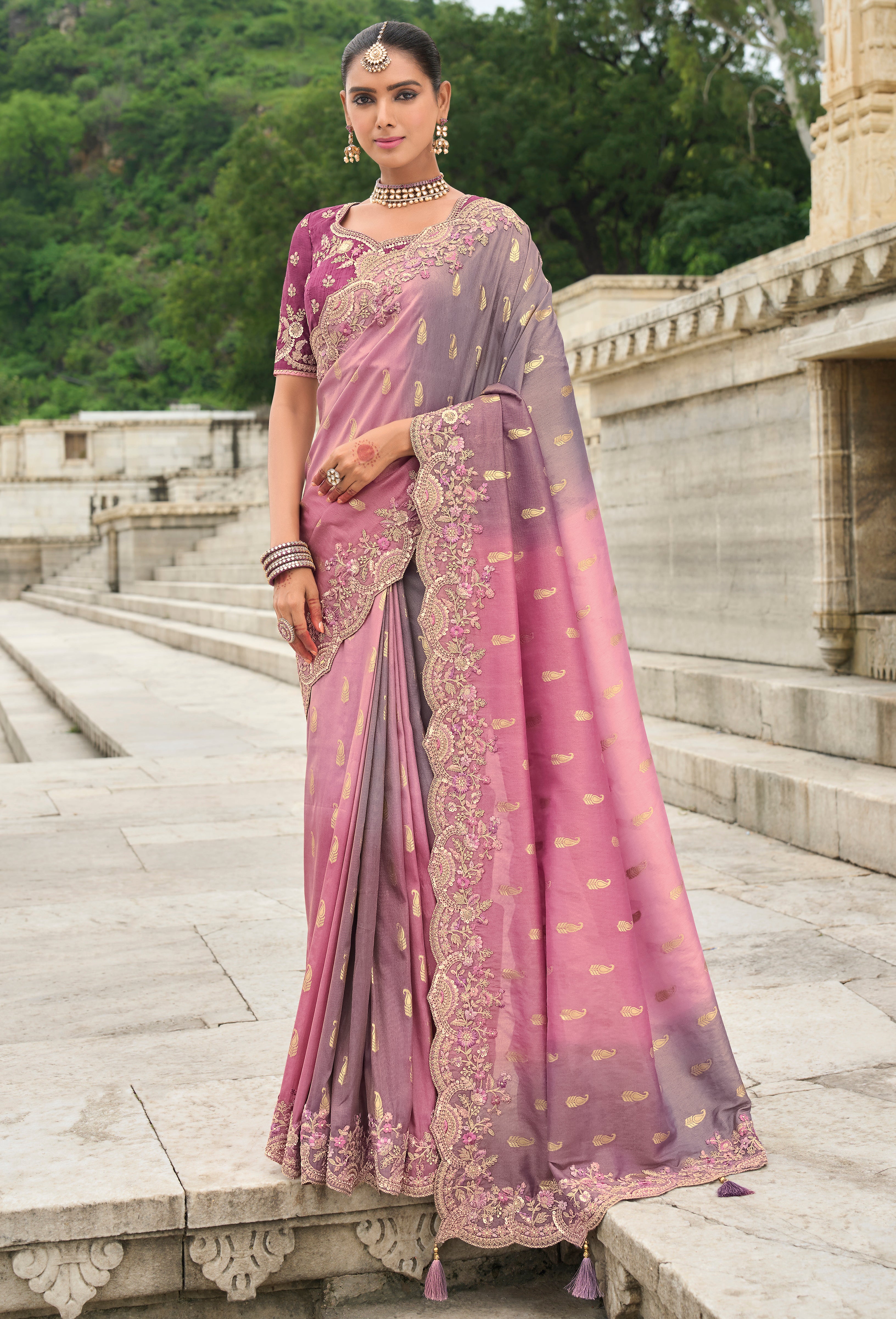 Pink & Grey Silk Saree With Embroidery Work