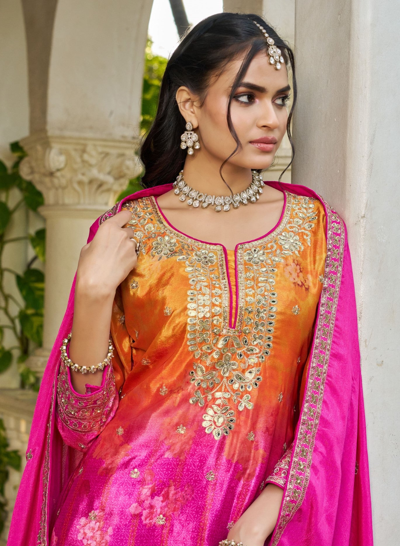 Pink & Magenta Chinon Designer Suit Set With Embroidered Elegance