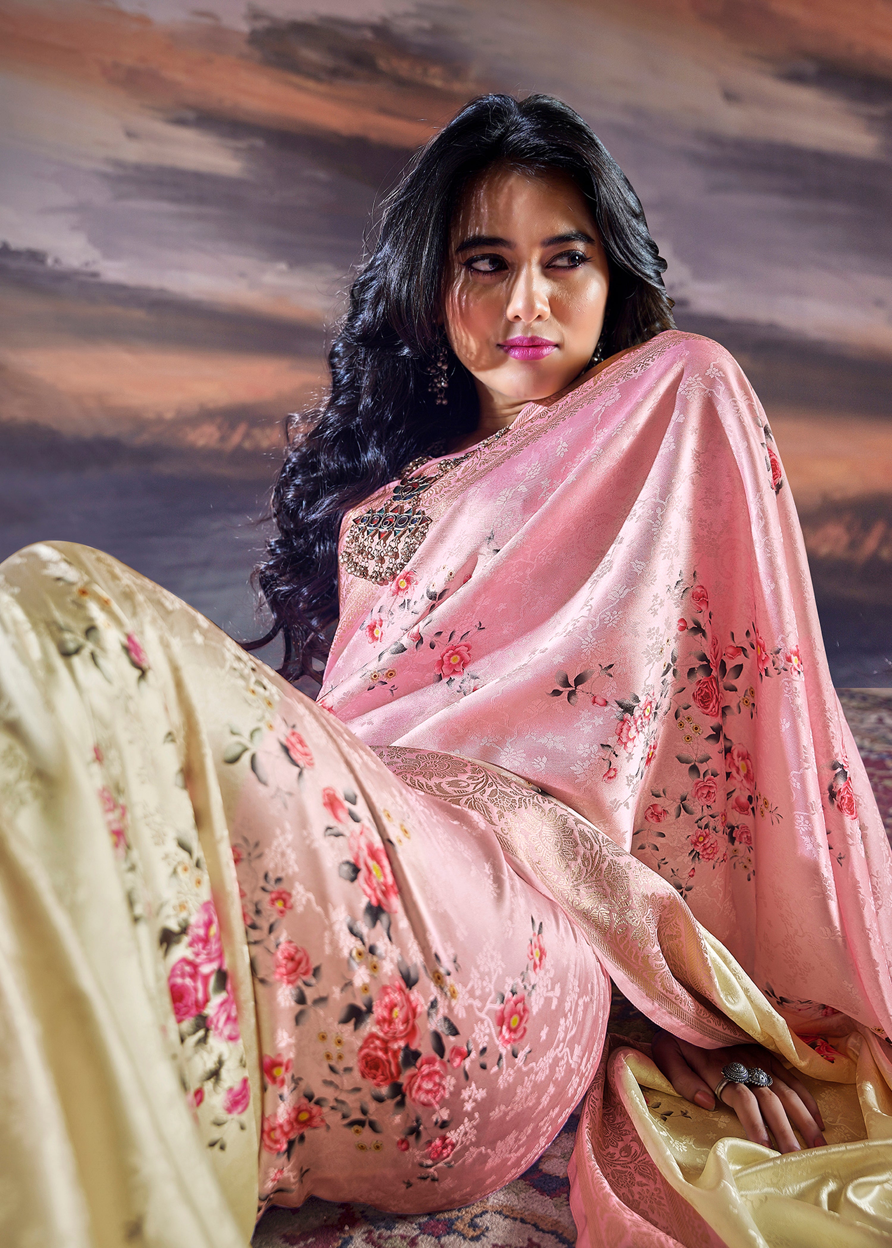 Pink and Cream Saree With Jacquard Woven Work With Digital Print